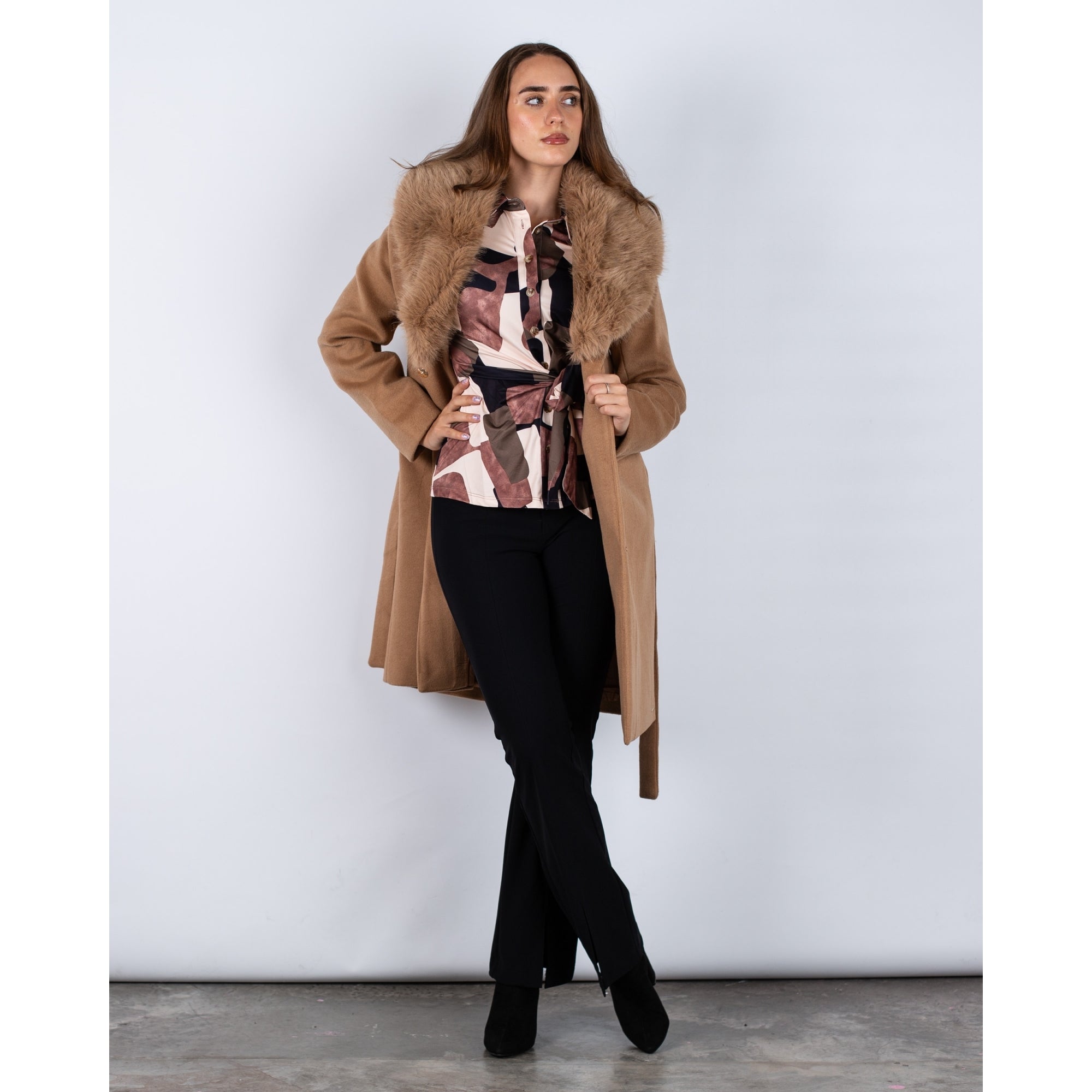 Rino & Pelle Meya Short Belted Coat With Faux Fur Collar Camel