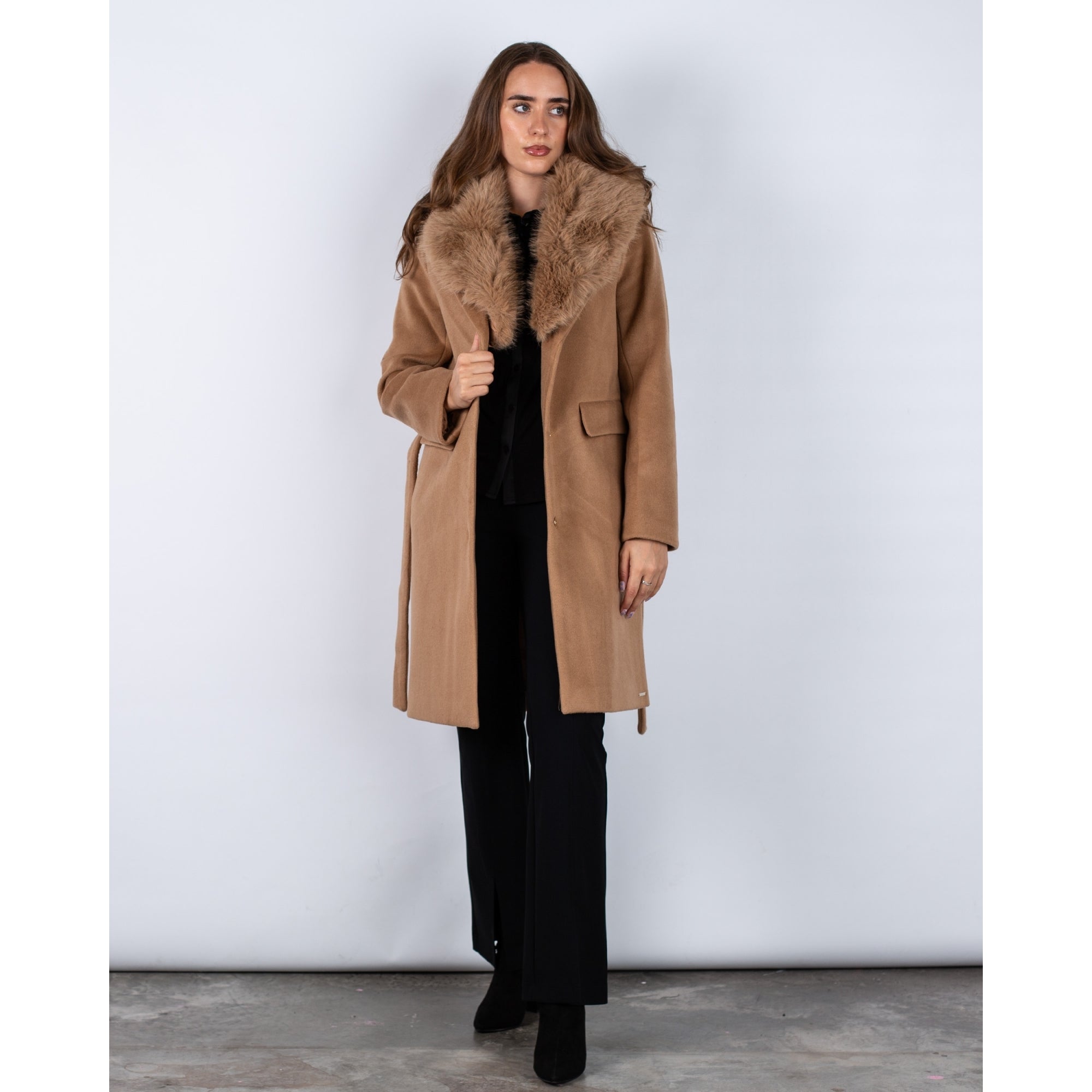Rino & Pelle Meya Short Belted Coat With Faux Fur Collar Camel