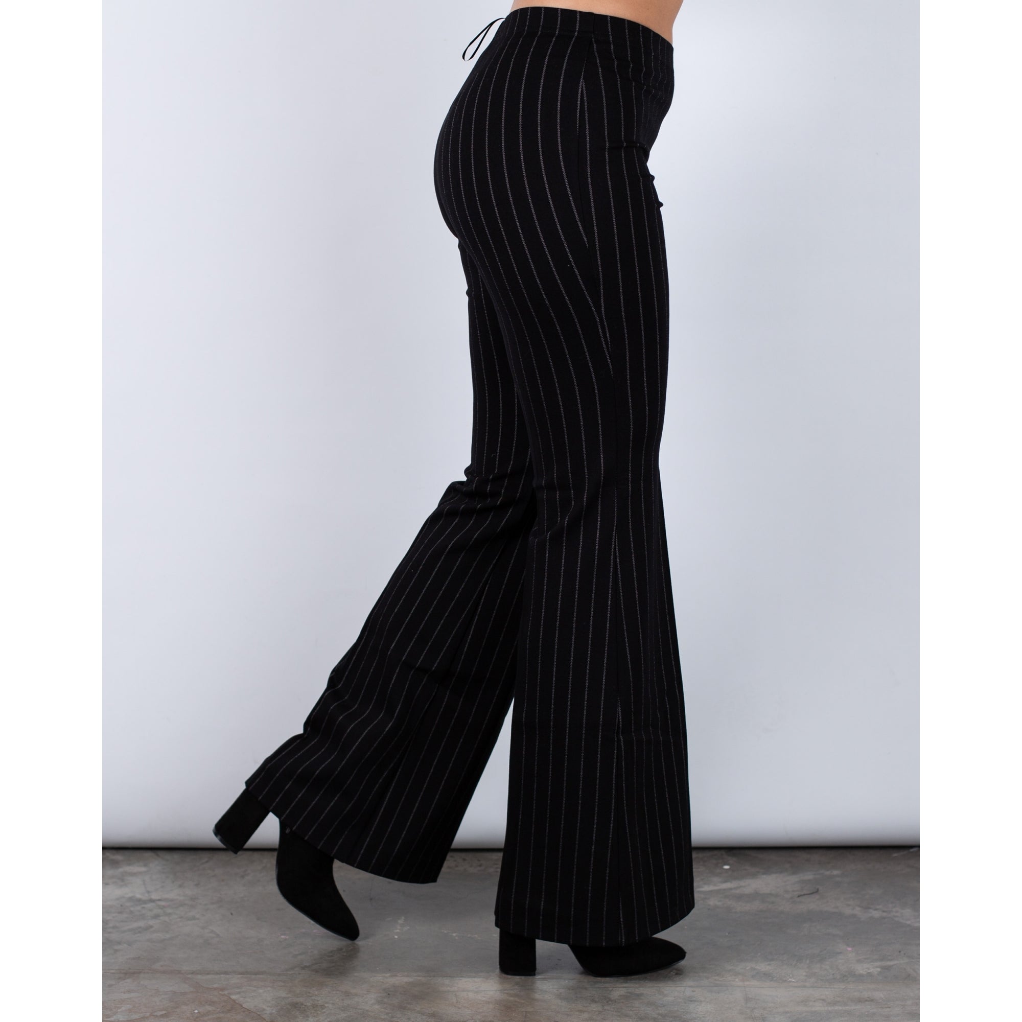 Ana Alcazar Pull On Boot Cut Flared Pinstripe Trouser Black