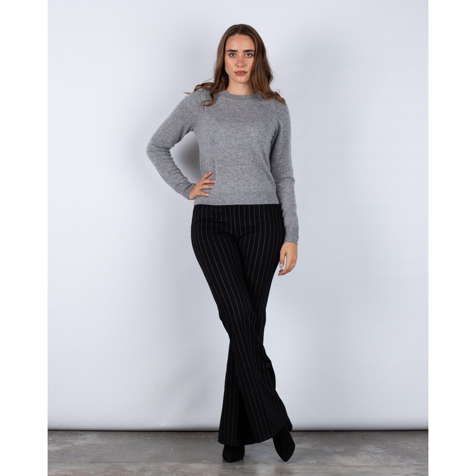 Ana Alcazar Pull On Boot Cut Flared Pinstripe Trouser Black