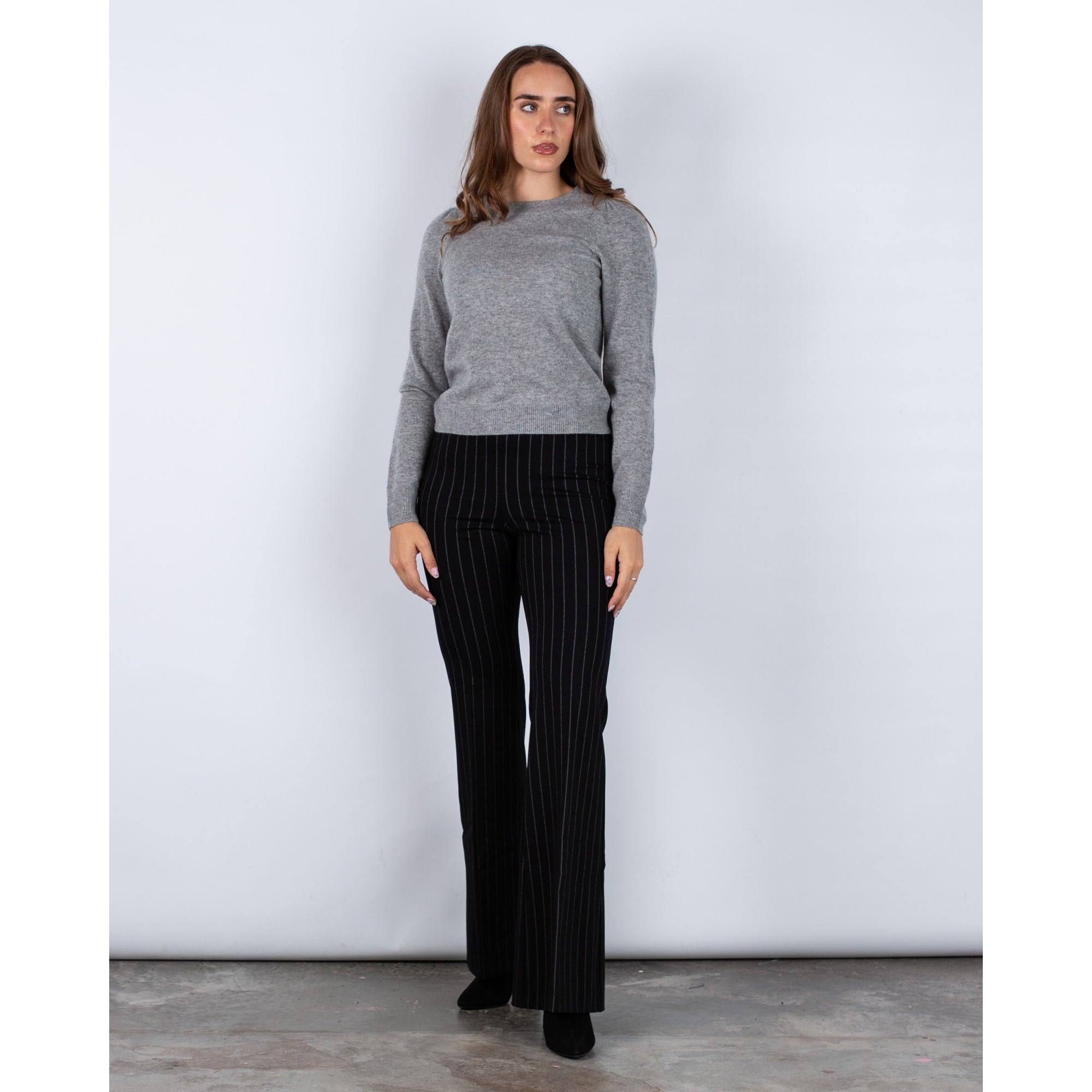 Ana Alcazar Pull On Boot Cut Flared Pinstripe Trouser Black