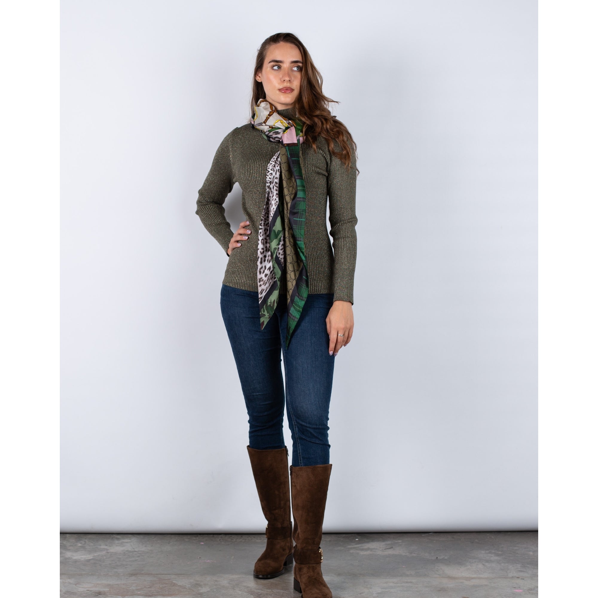 Red Button Sparkle Lurex Turtle Neck Ribbed Top Khaki