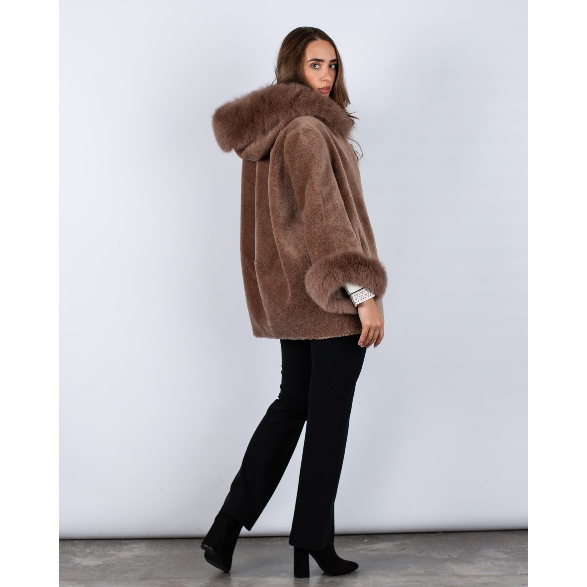 Levinsky Franciane Hooded Wool Cape Coat With Fur Trim Chestnut