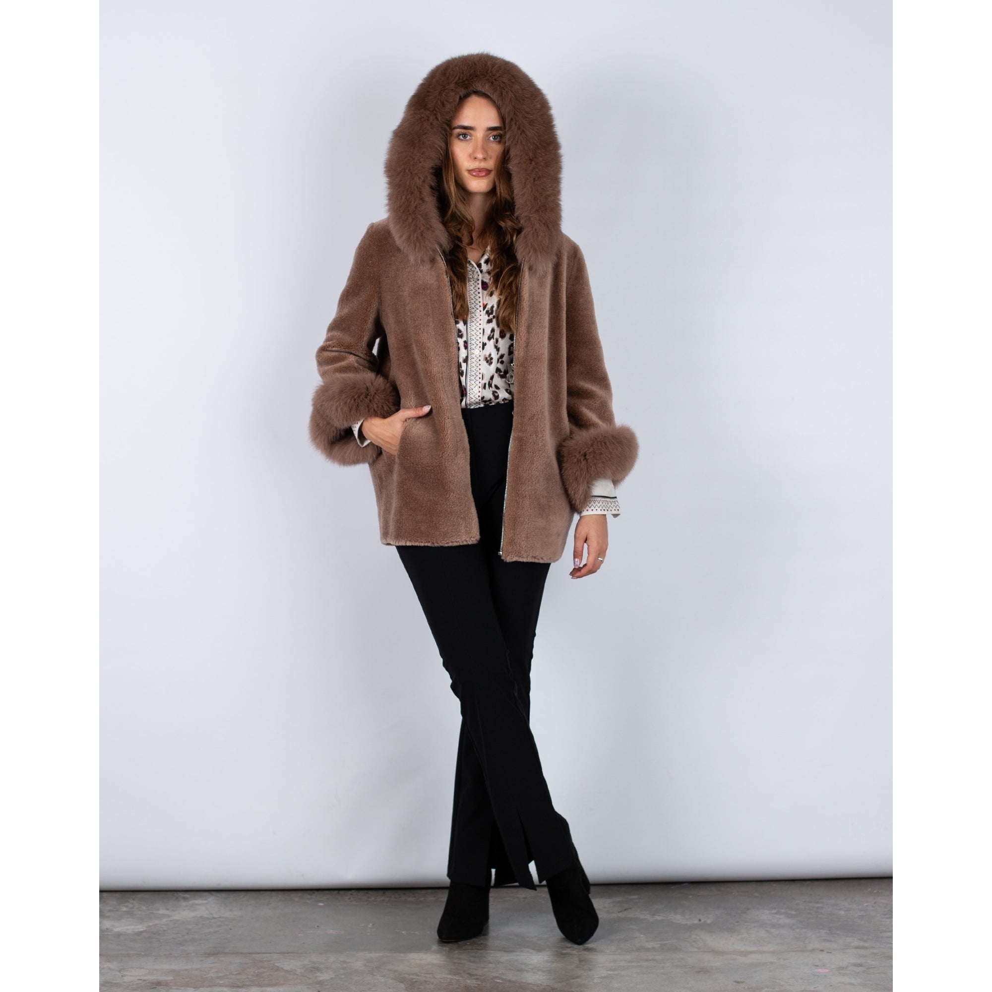 Levinsky Franciane Hooded Wool Cape Coat With Fur Trim Chestnut