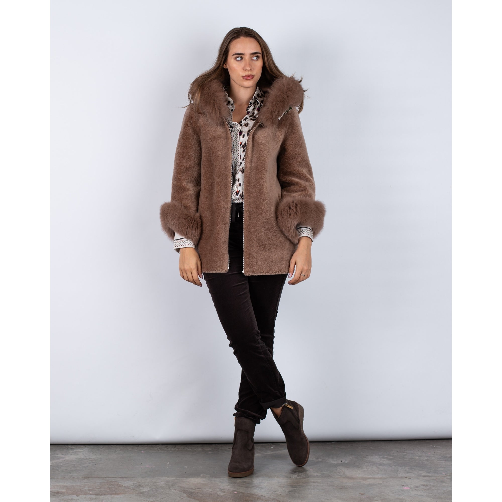 Levinsky Franciane Hooded Wool Cape Coat With Fur Trim Chestnut