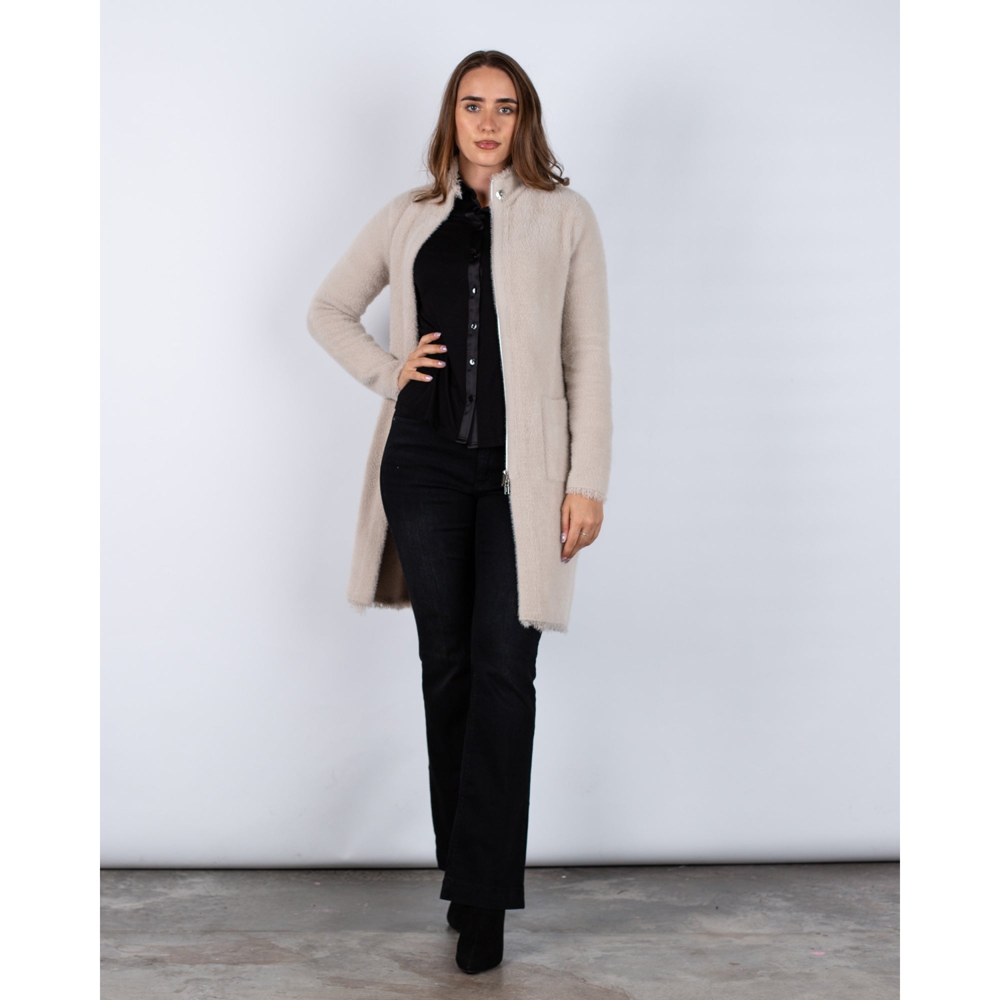 Rino & Pelle Thema Zip Down Pocket Front Coatigan With Frayed Collar Stone