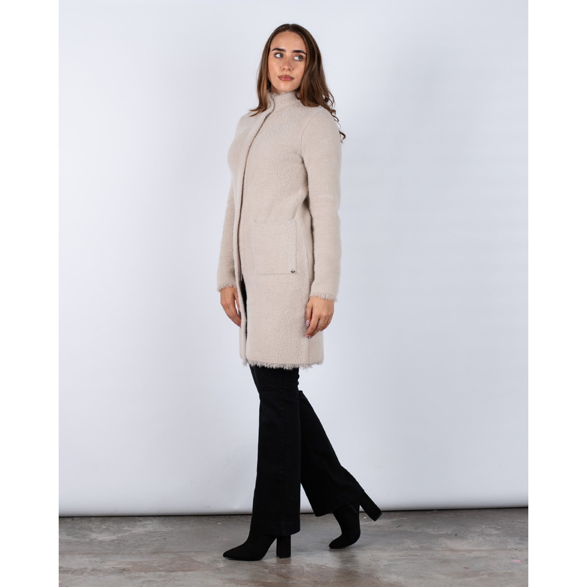 Rino & Pelle Thema Zip Down Pocket Front Coatigan With Frayed Collar Stone