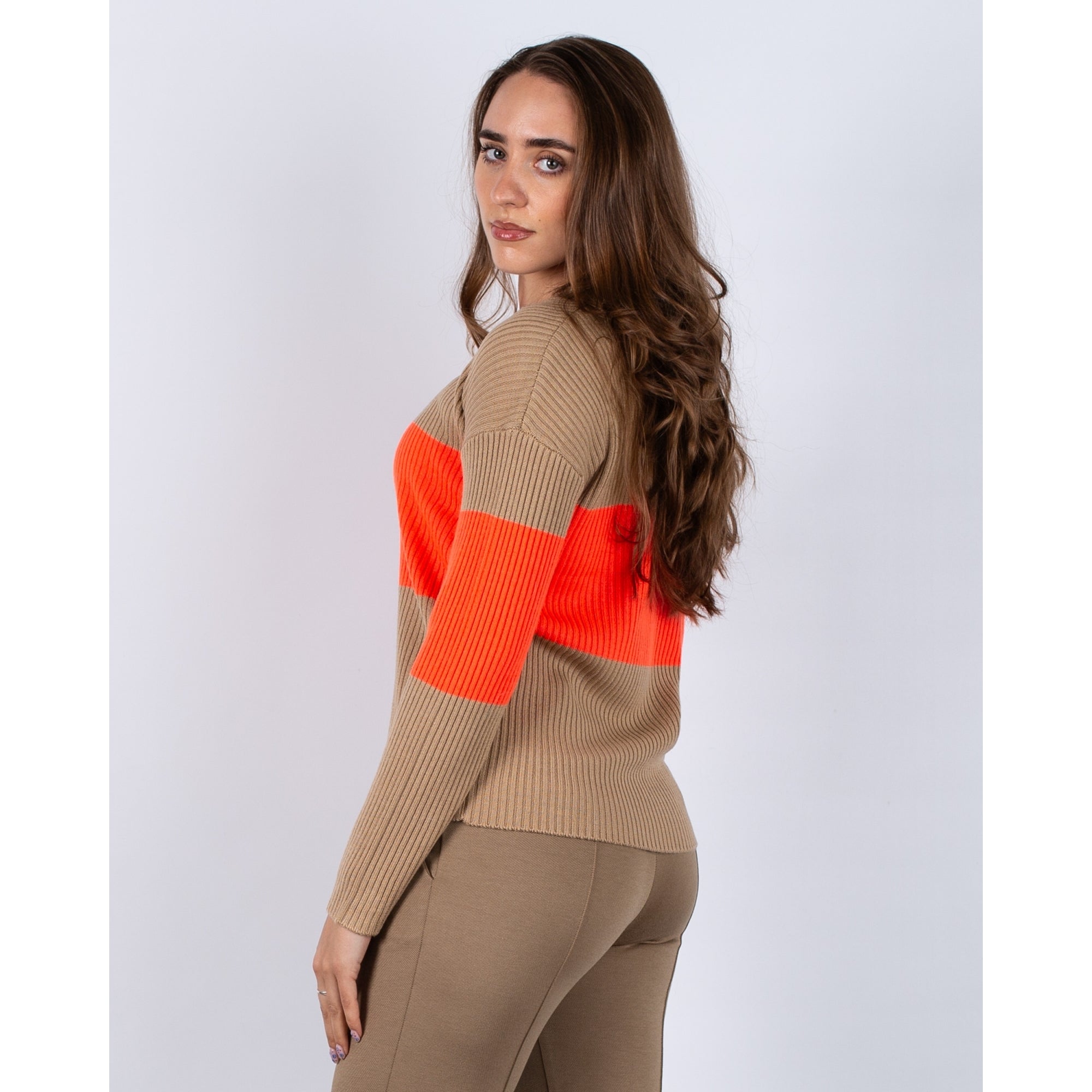 Vilagallo Stripe Colour Block Round Neck Ribbed Jumper Camel/orange