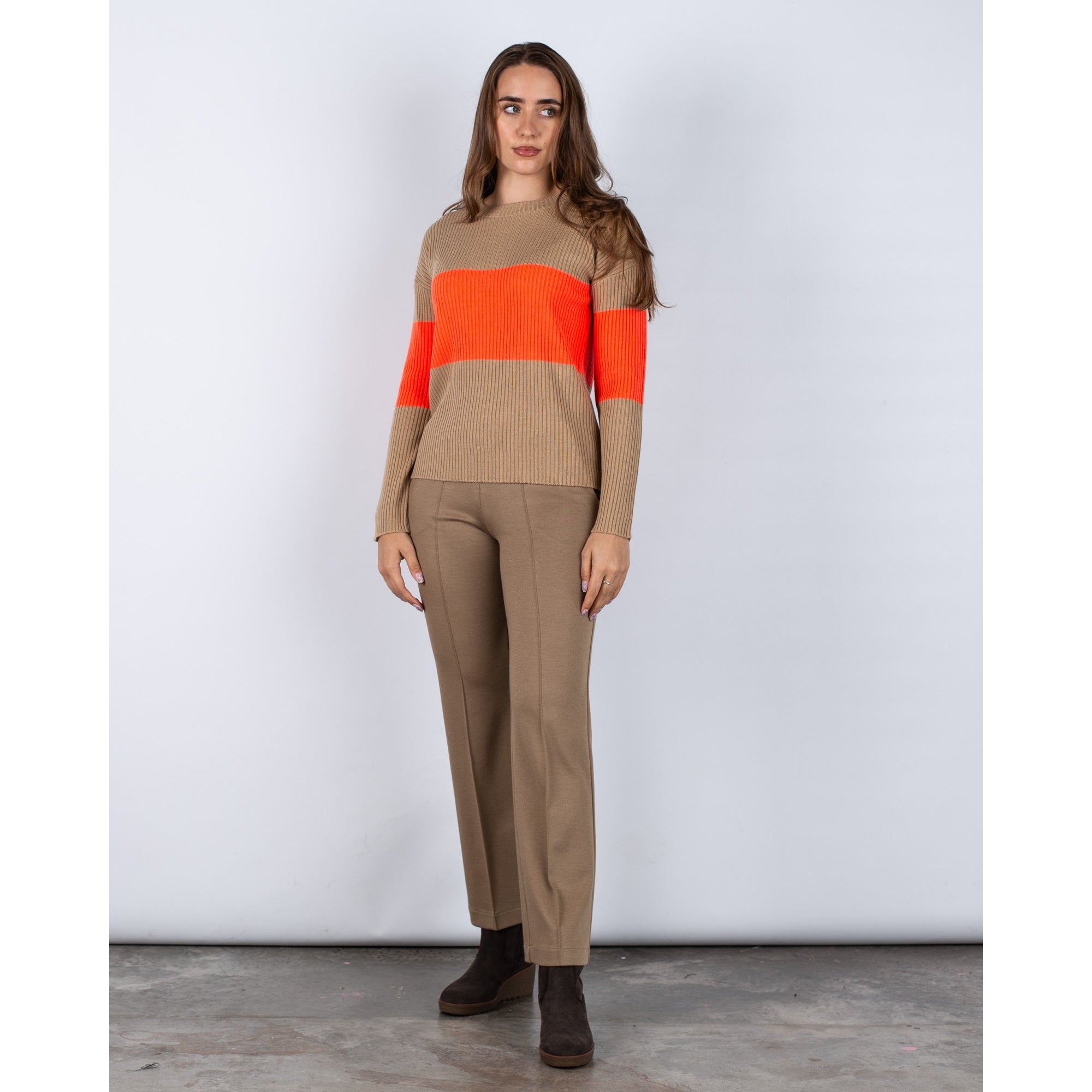 Vilagallo Stripe Colour Block Round Neck Ribbed Jumper Camel/orange
