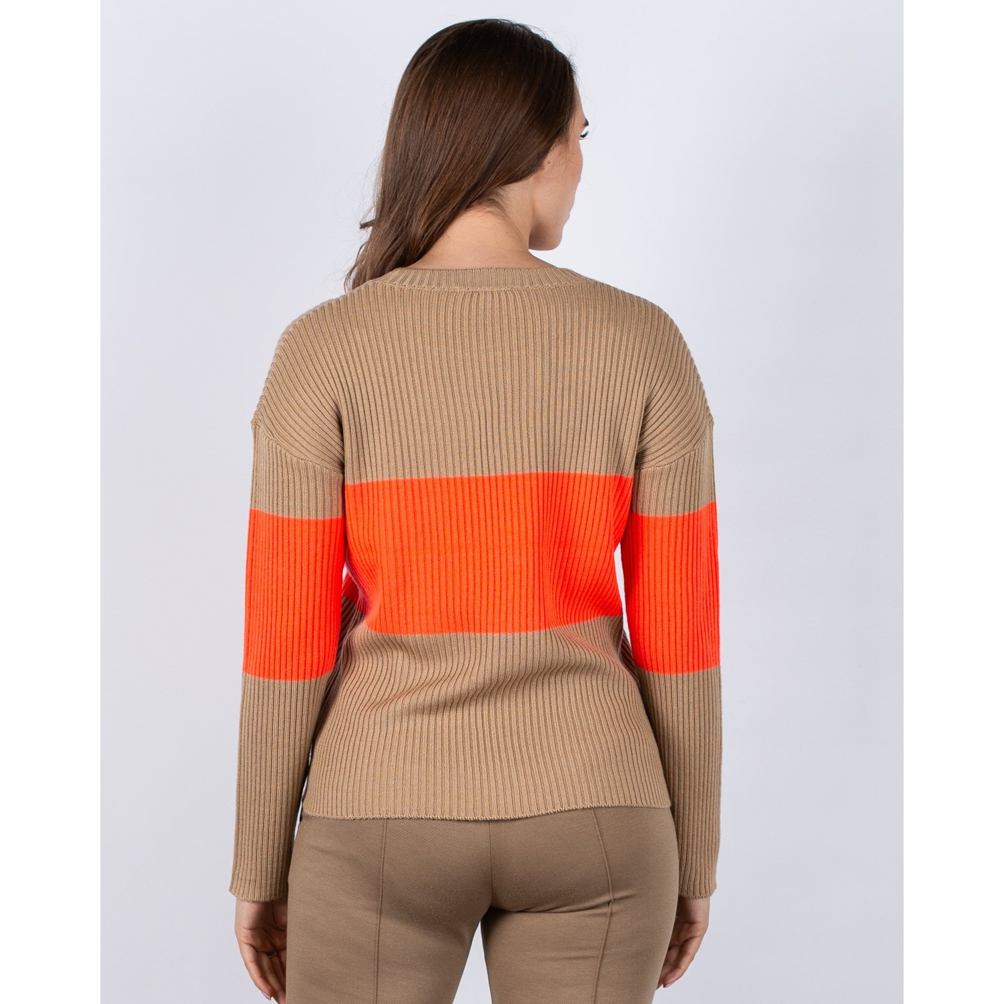 Vilagallo Stripe Colour Block Round Neck Ribbed Jumper Camel/orange