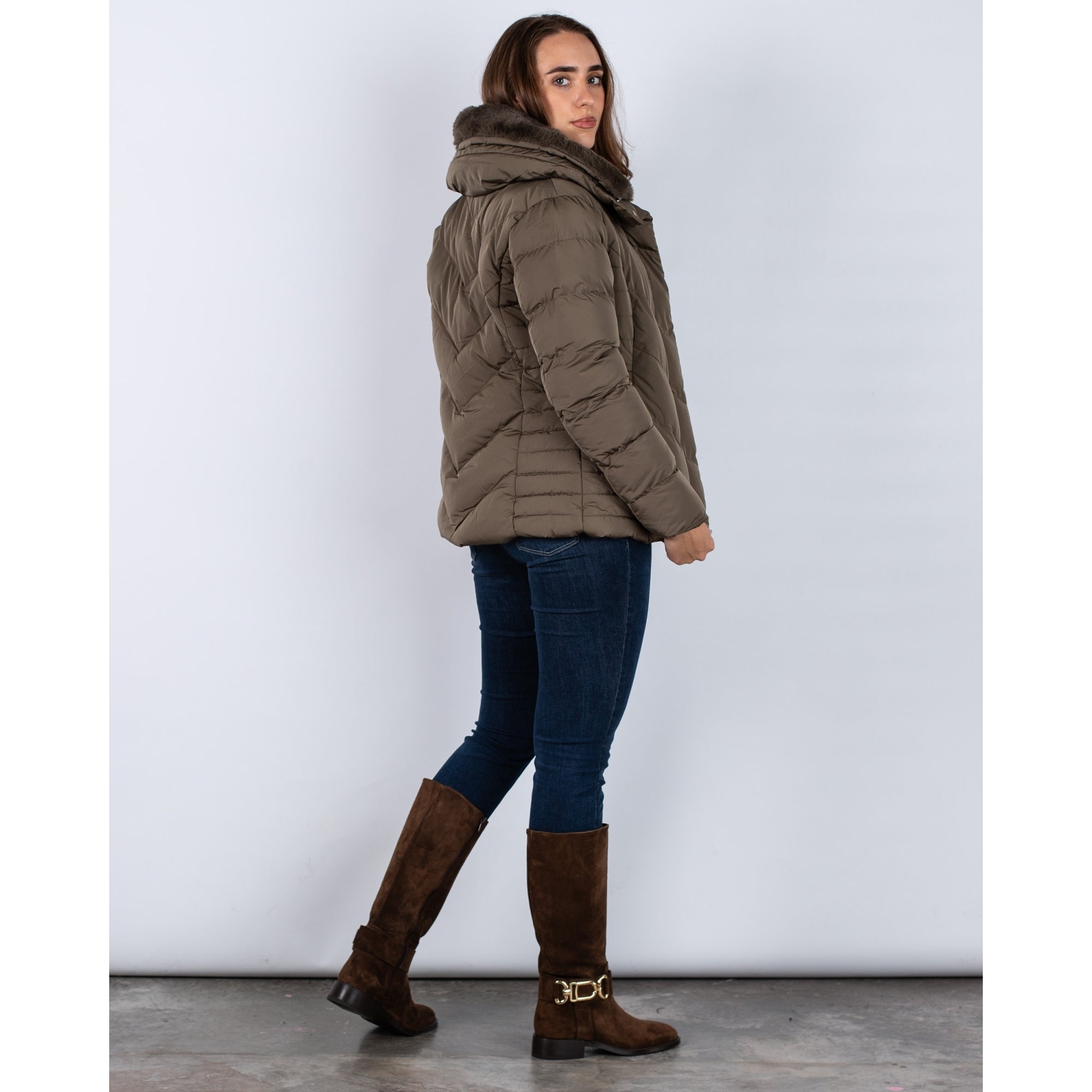 Rino & Pelle Selma Short Fitted Puffa Jacket With Faux Fur Collar Khaki