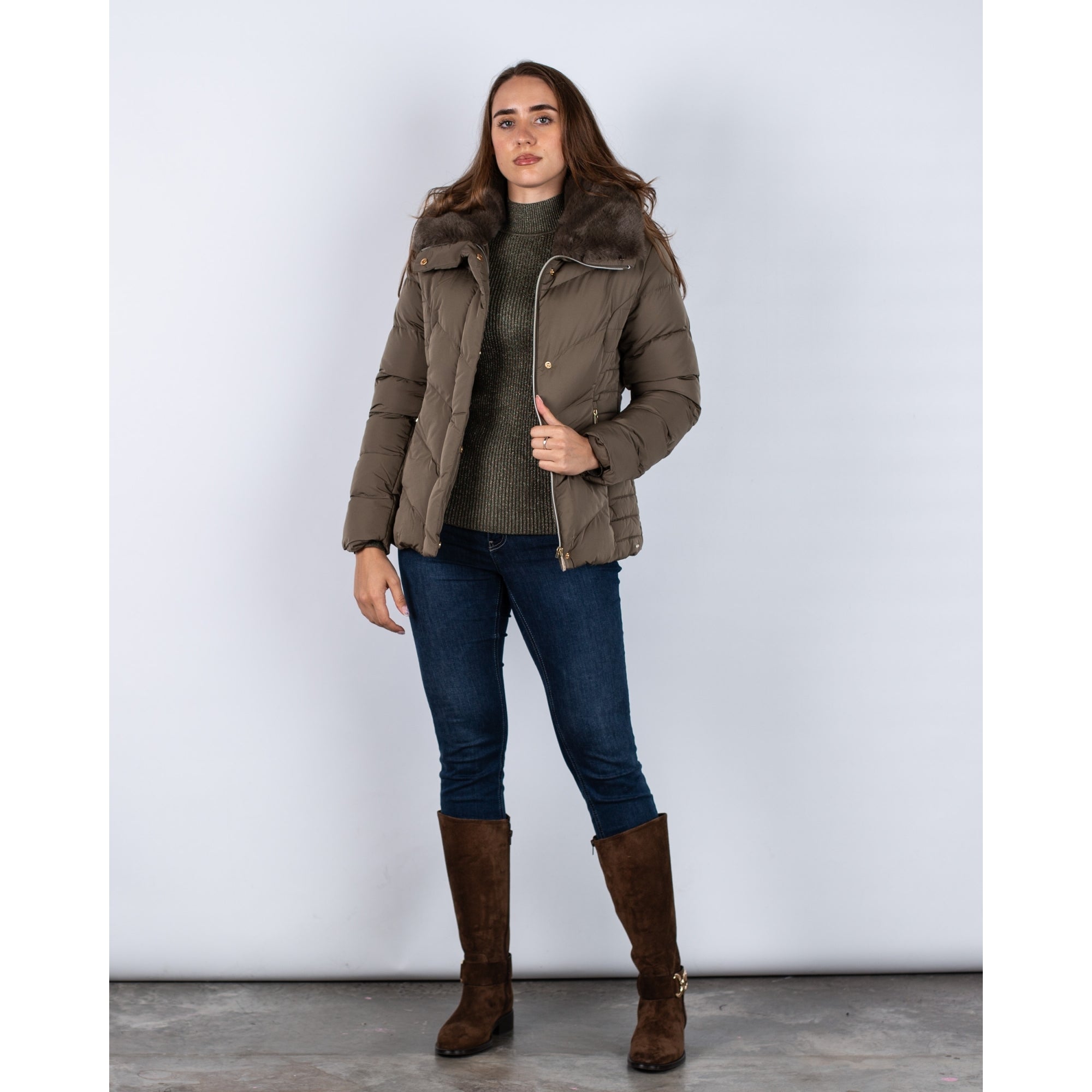 Rino & Pelle Selma Short Fitted Puffa Jacket With Faux Fur Collar Khaki