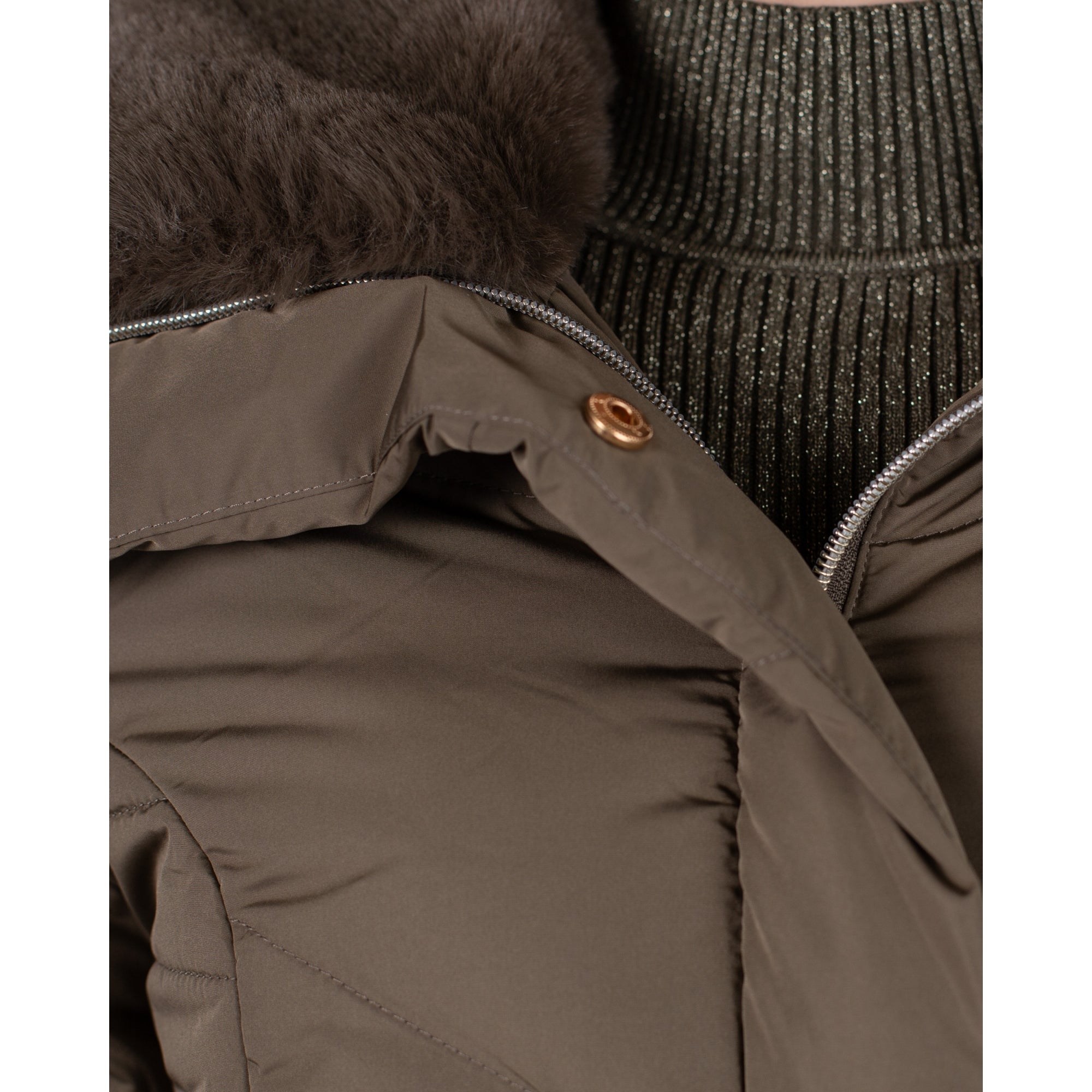 Rino & Pelle Selma Short Fitted Puffa Jacket With Faux Fur Collar Khaki