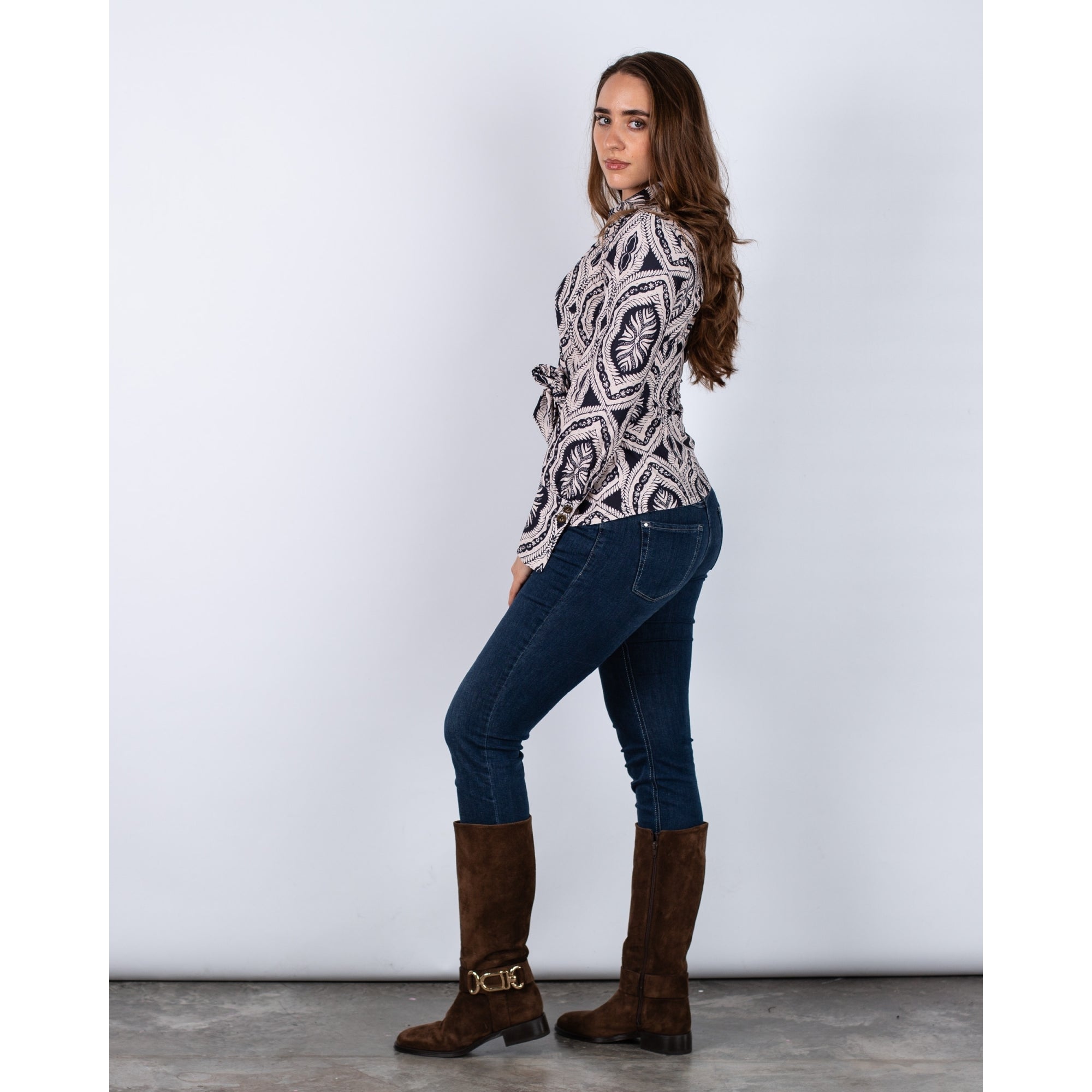 K Design Printed Jersey Top With Tie Side Black/ecru