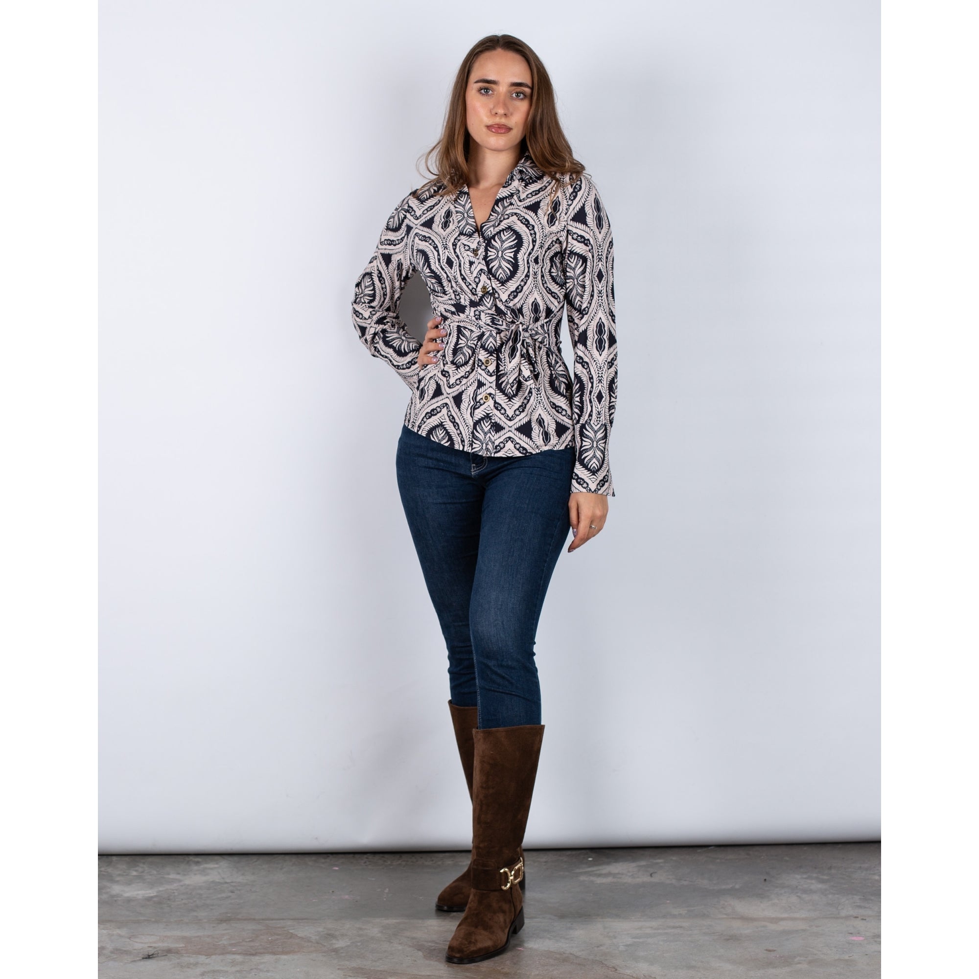 K Design Printed Jersey Top With Tie Side Black/ecru