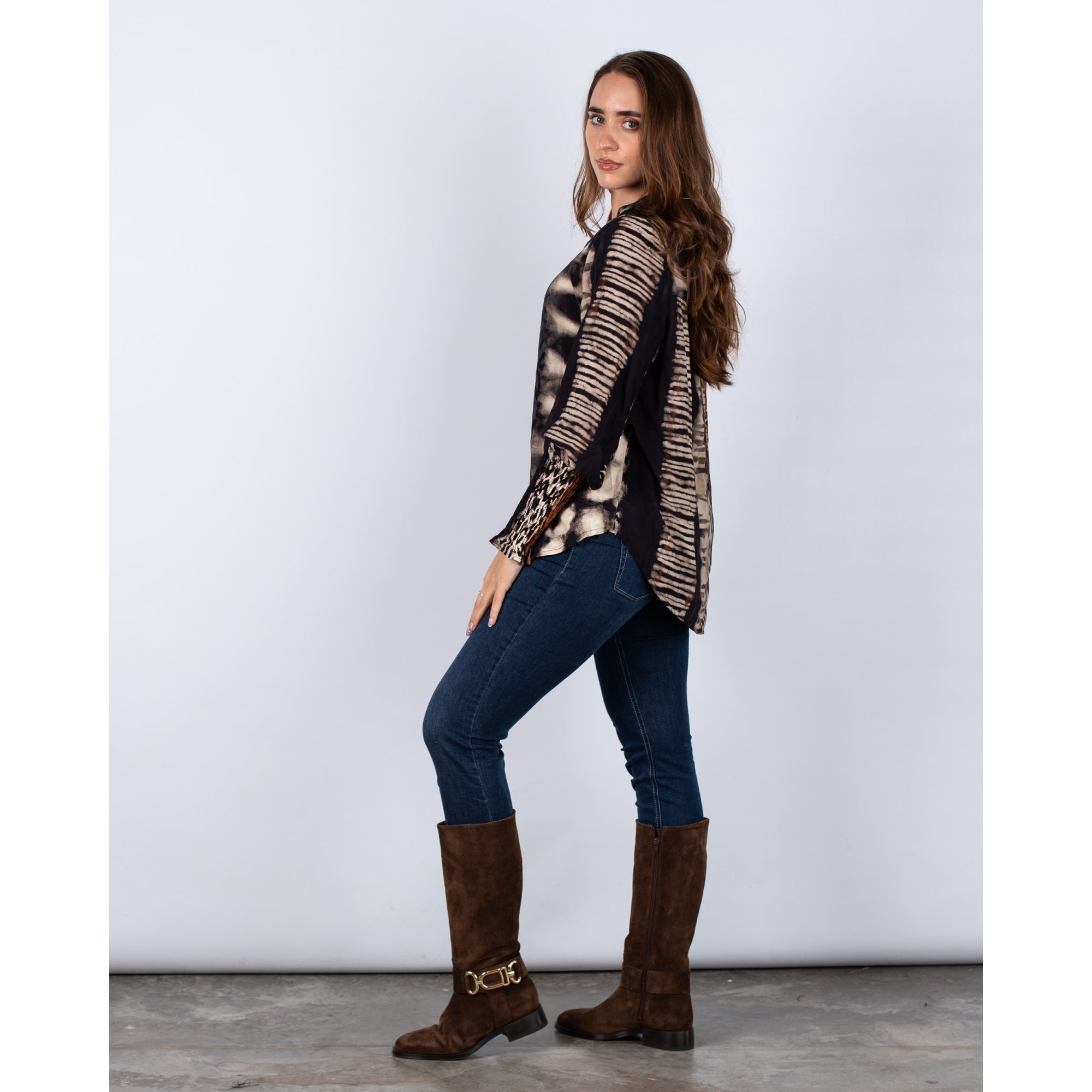 Marta Animal/Stripe Print Blouse With Elasticated Cuffs Black/brown