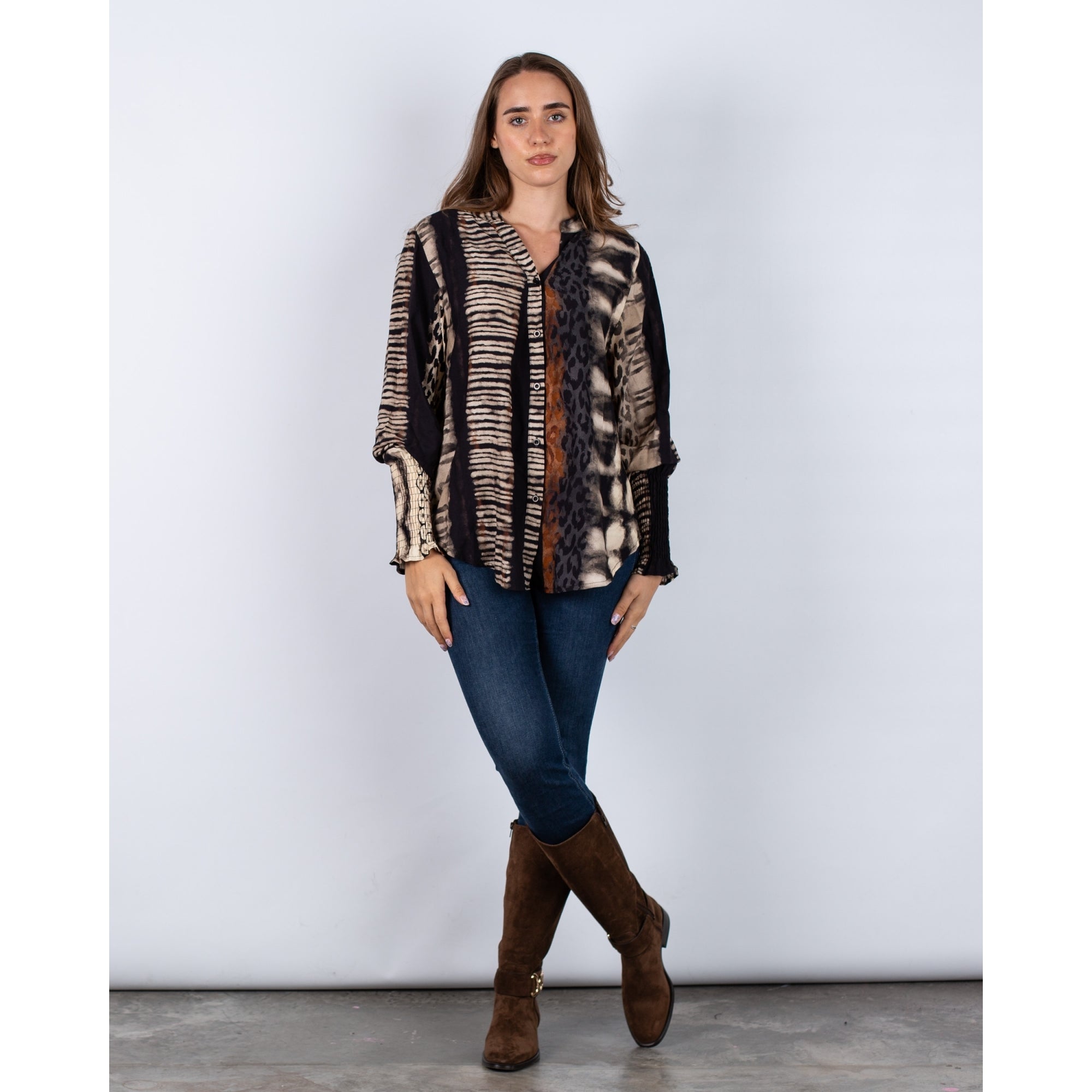 Marta Animal/Stripe Print Blouse With Elasticated Cuffs Black/brown