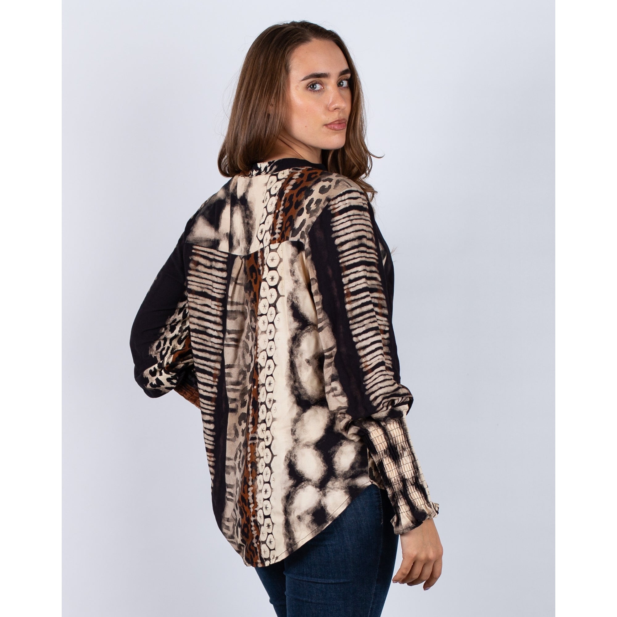 Marta Animal/Stripe Print Blouse With Elasticated Cuffs Black/brown