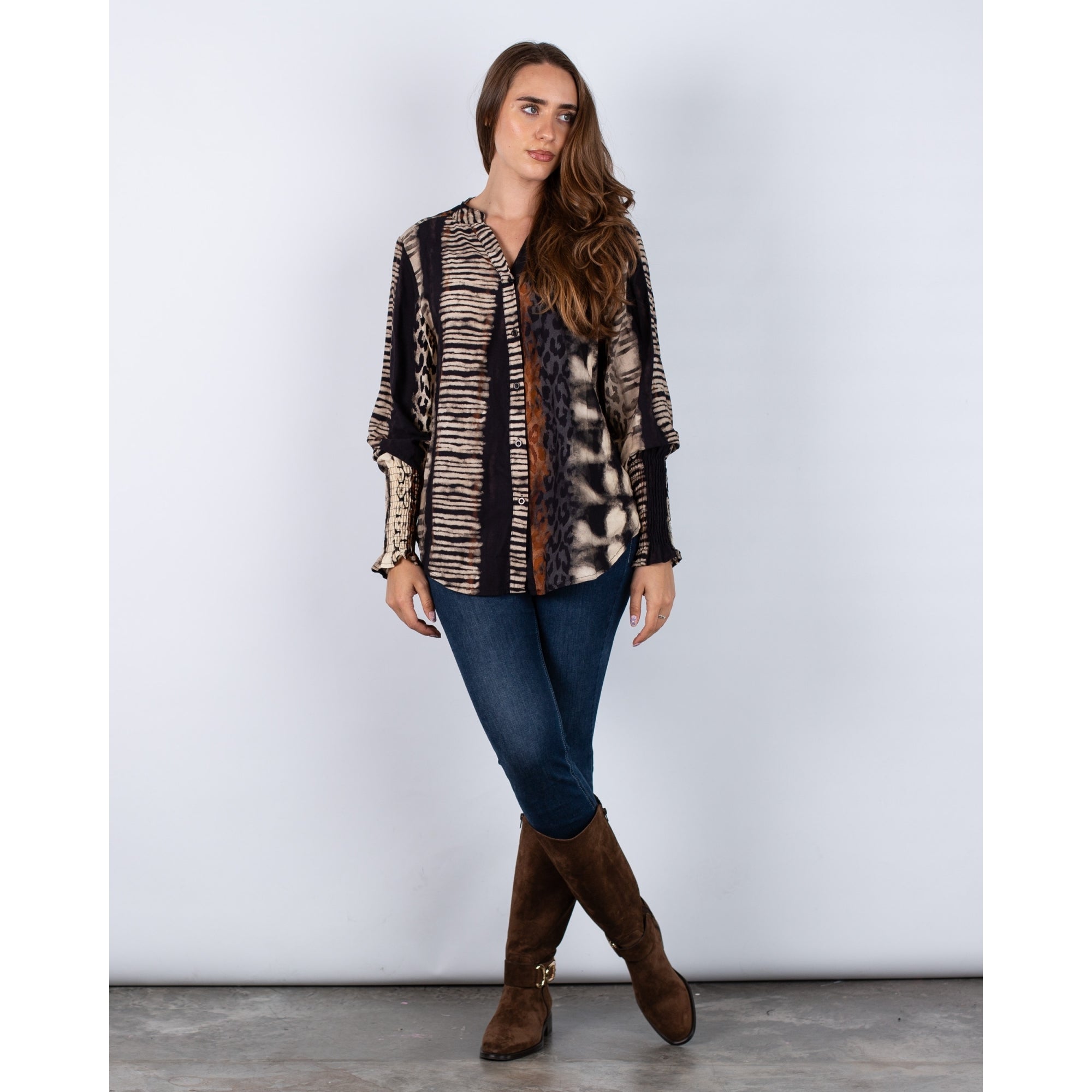 Marta Animal/Stripe Print Blouse With Elasticated Cuffs Black/brown