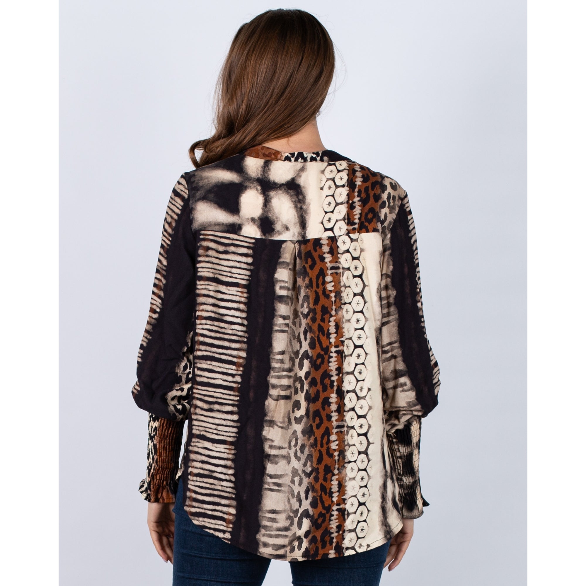 Marta Animal/Stripe Print Blouse With Elasticated Cuffs Black/brown
