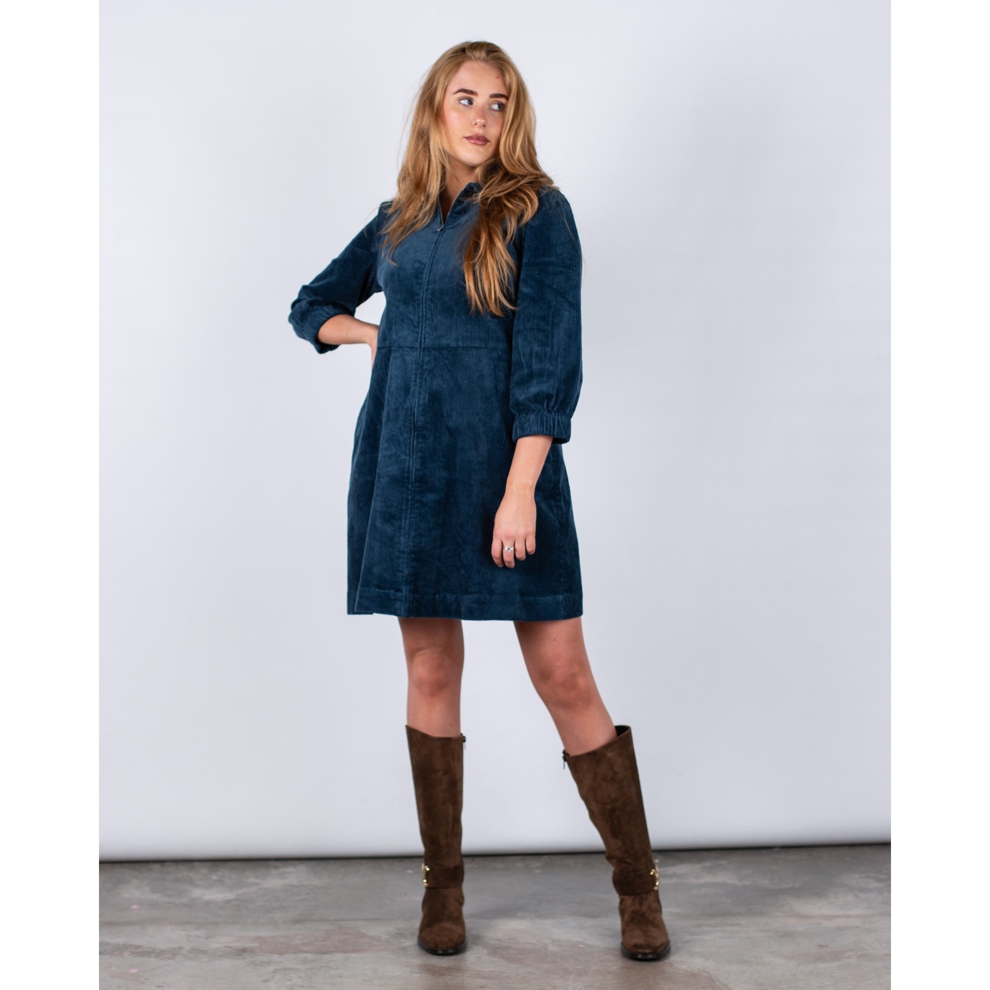 Part Two Eyvor Zip Down Long Sleeve Cord Shirt Dress (Shorter) Ink