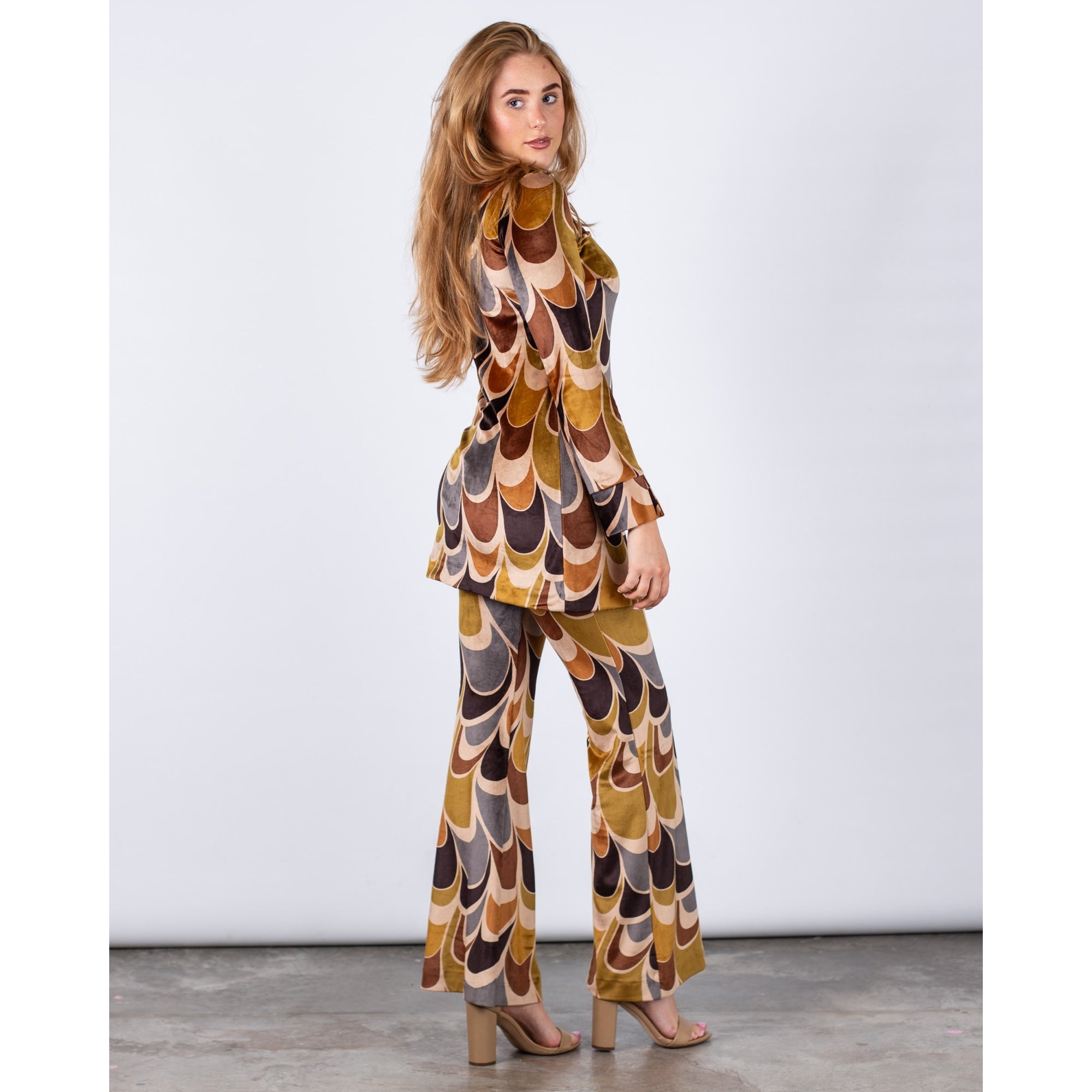 Ana Alcazar Retro Print Split Front Velvet Tunic Top Mustard/brown