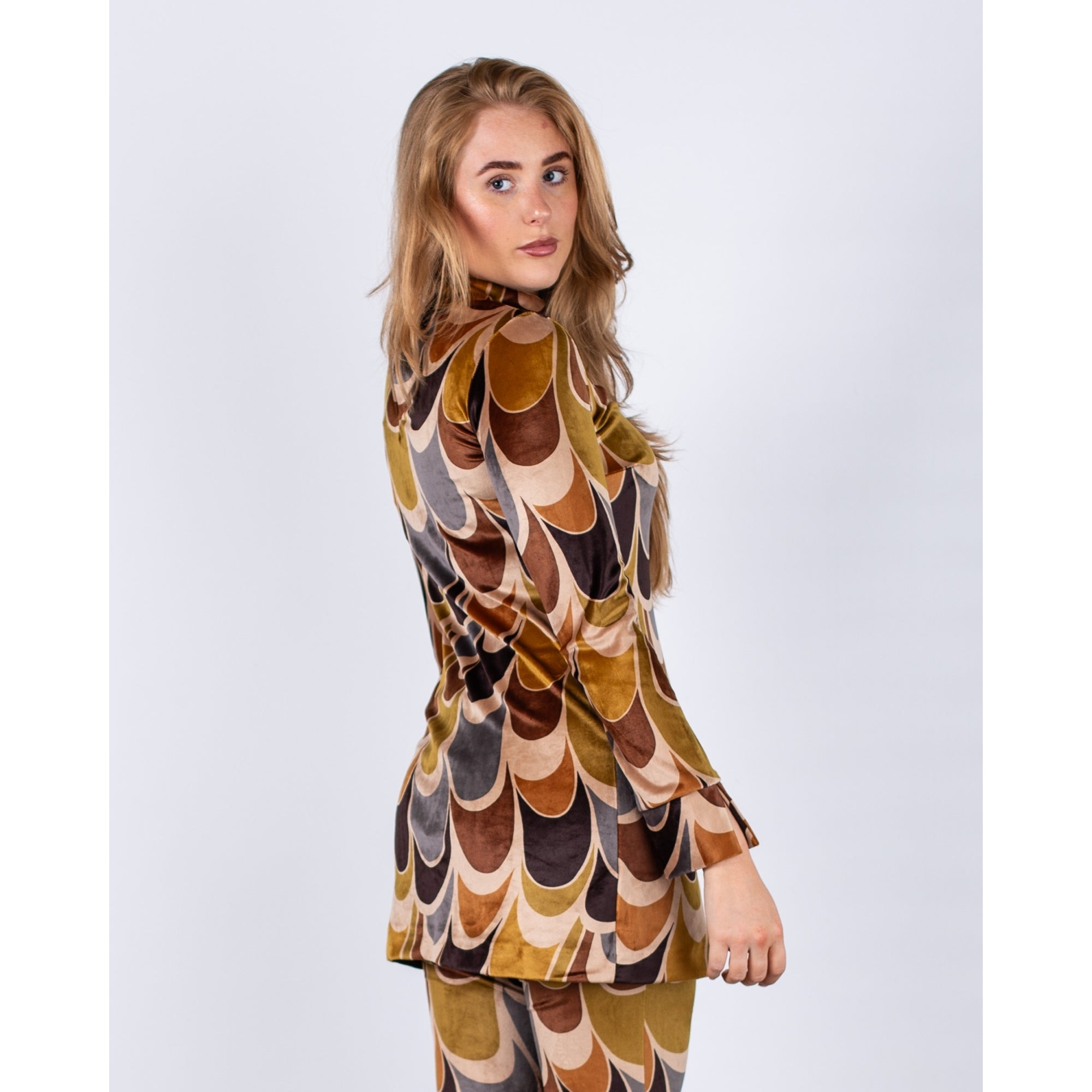 Ana Alcazar Retro Print Split Front Velvet Tunic Top Mustard/brown