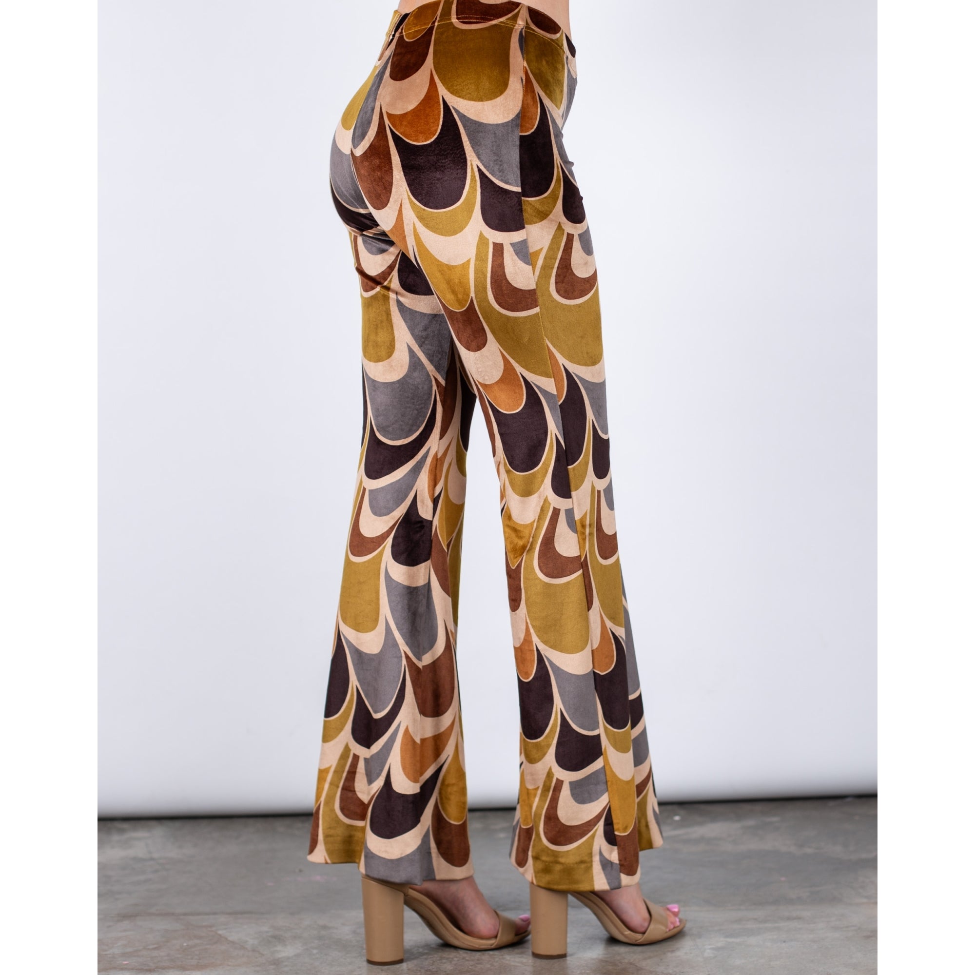 Ana Alcazar Pull On Retro Print Velvet Flared Trouser Mustard/brown