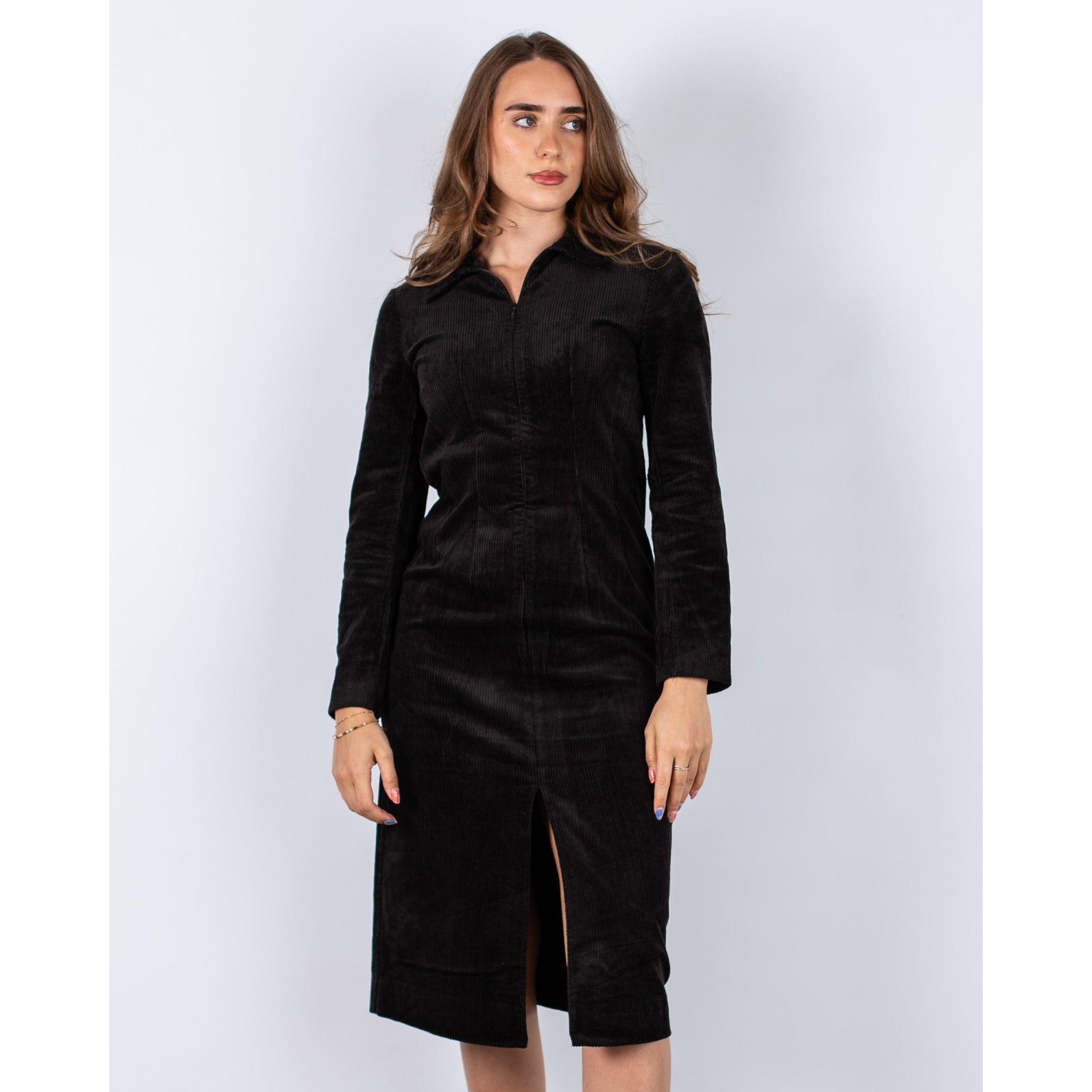 Part Two Lizell Zip Top Long Cord Shirt Dress With Split Front Black