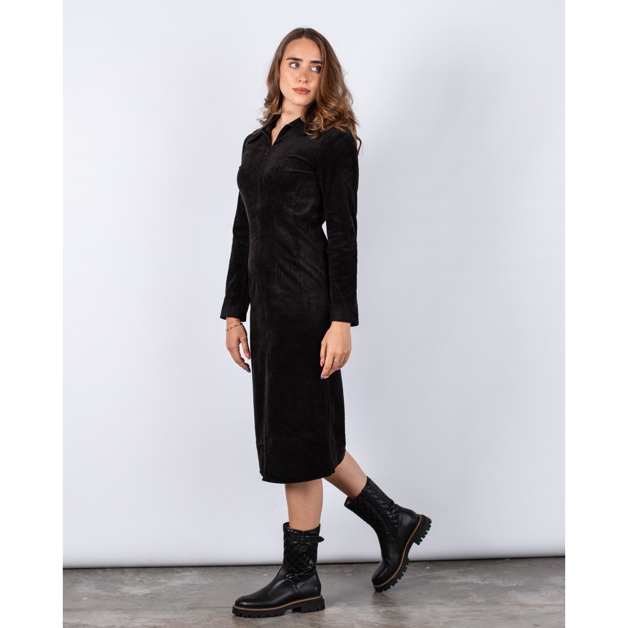 Part Two Lizell Zip Top Long Cord Shirt Dress With Split Front Black