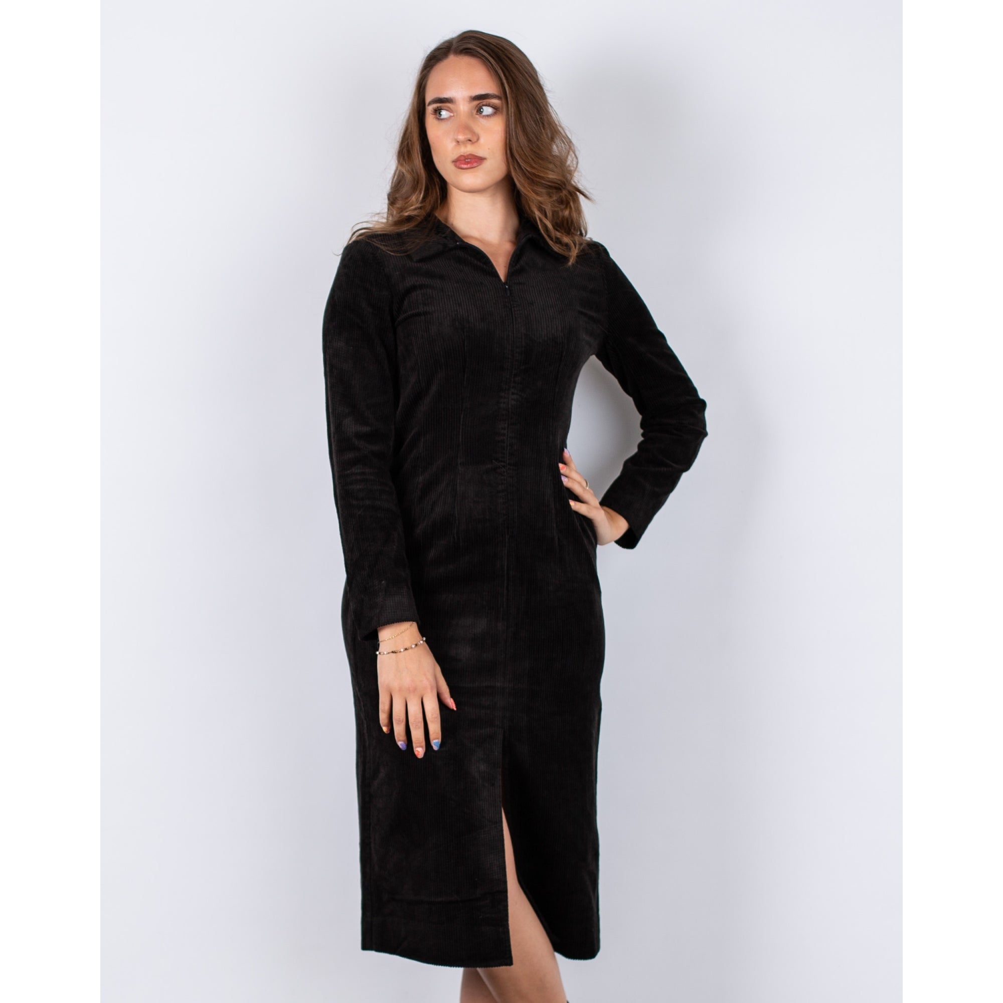 Part Two Lizell Zip Top Long Cord Shirt Dress With Split Front Black