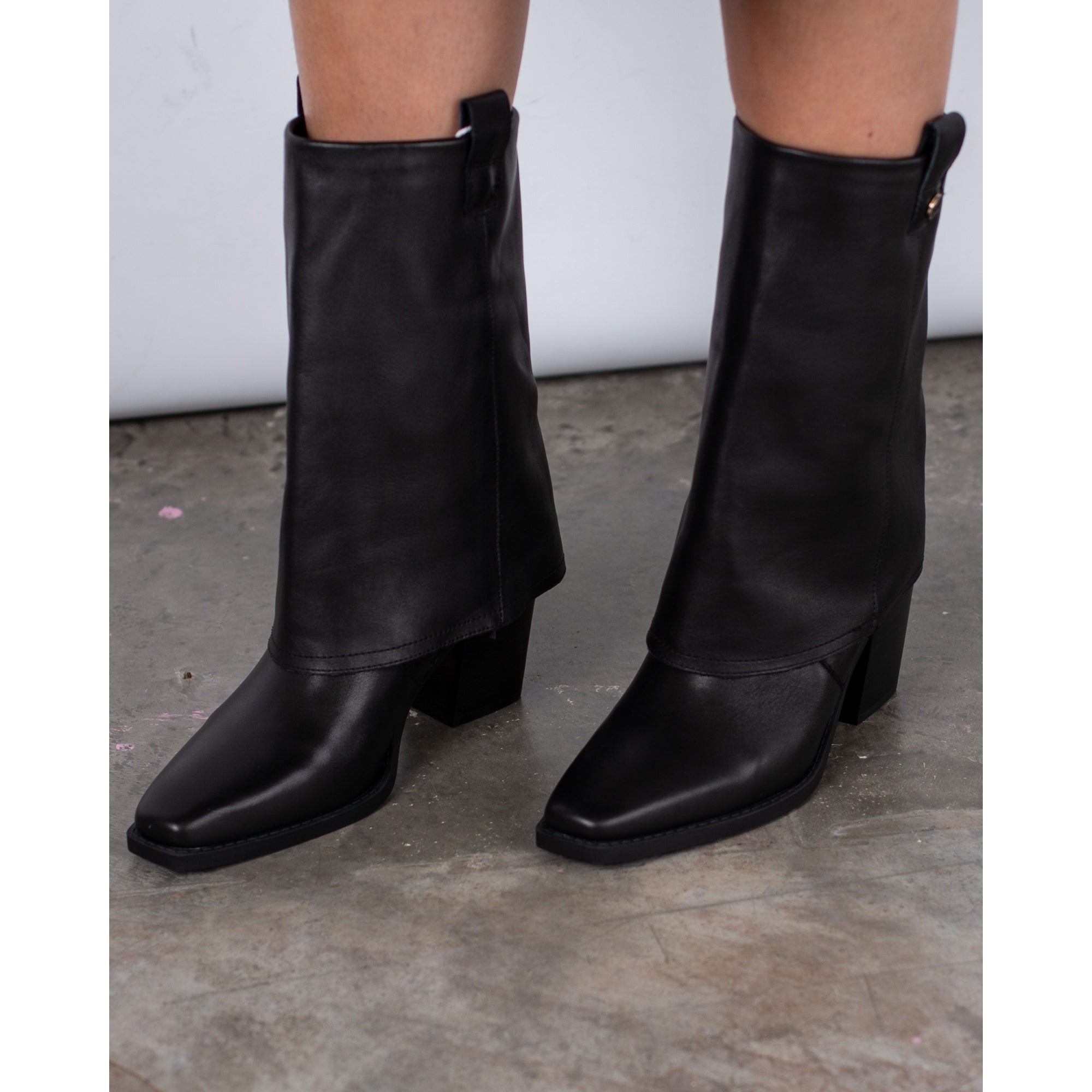 Carmela Square Toe Slouch Leather Cowboy Boots Black