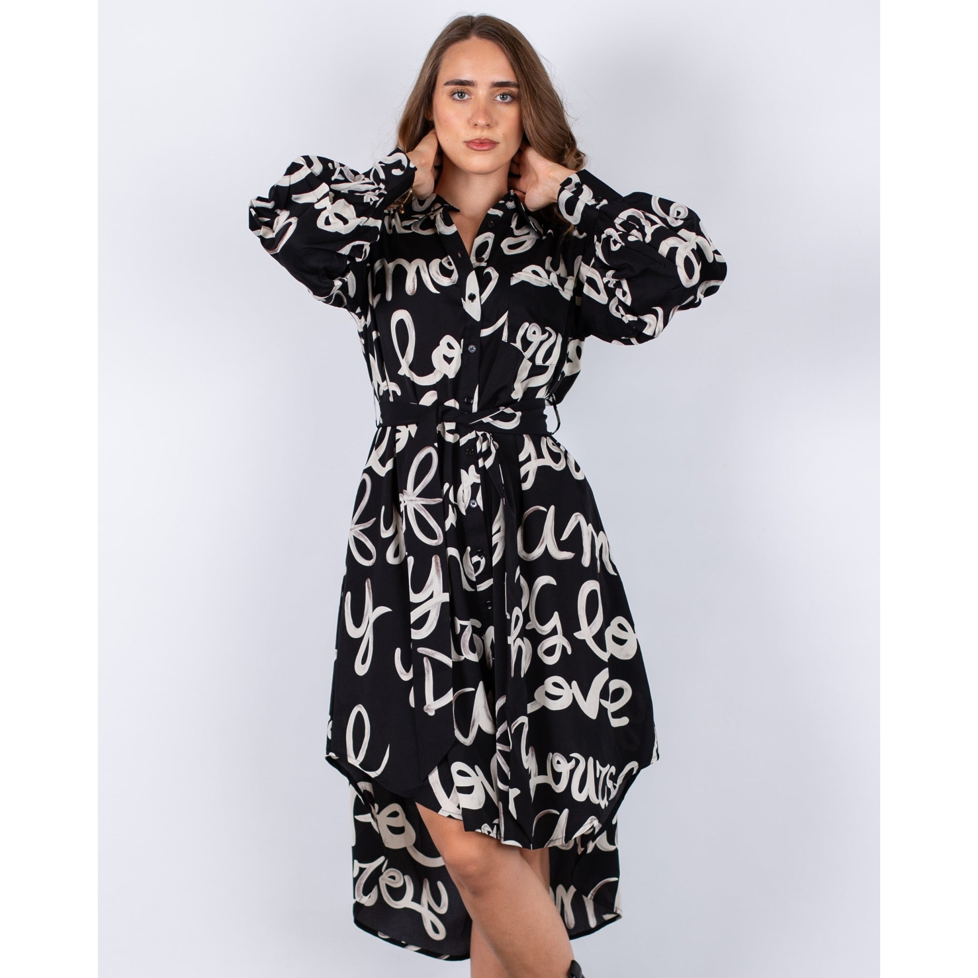 Uchuu Calligraphy Print Dip Back Belted Shirt Dress Black/white