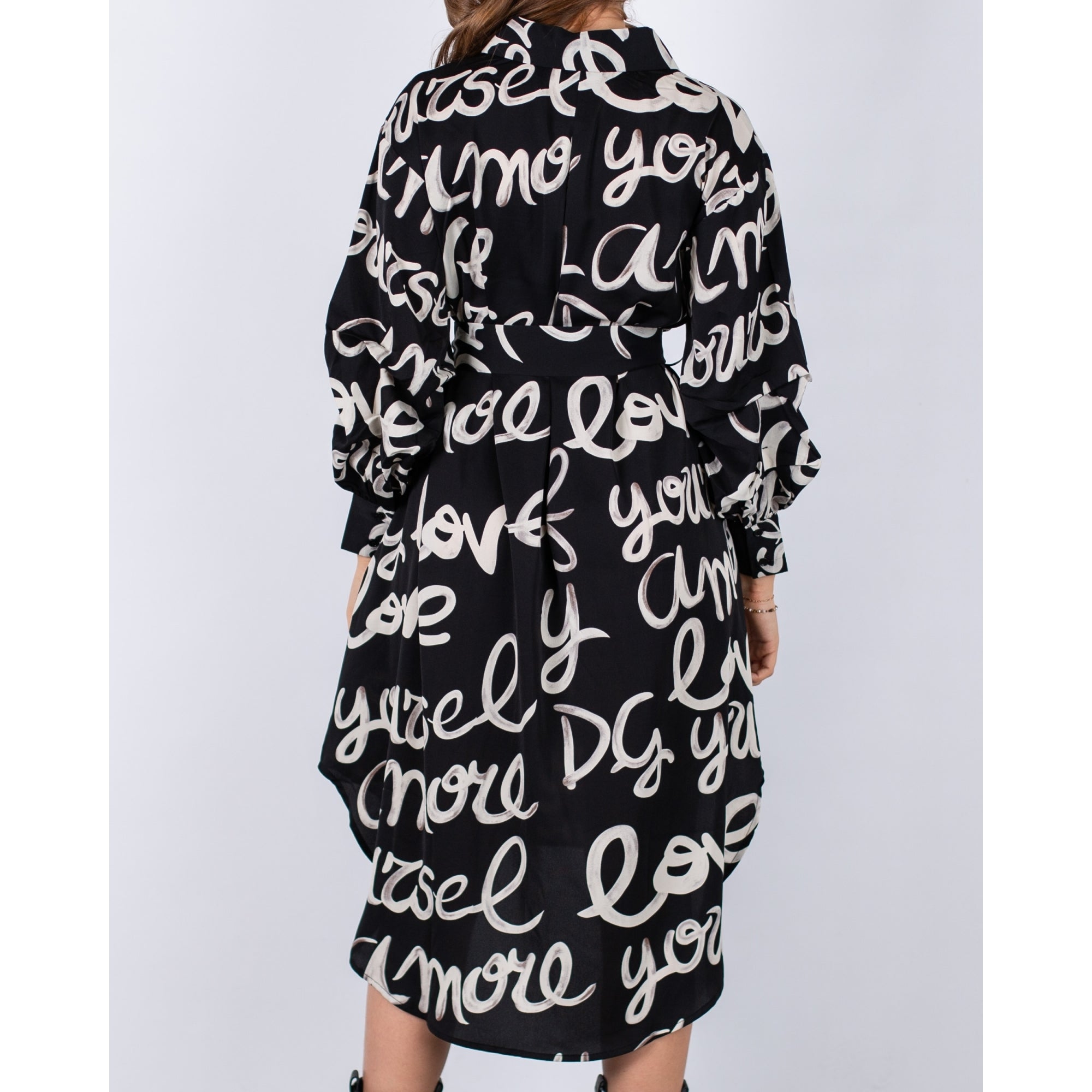 Uchuu Calligraphy Print Dip Back Belted Shirt Dress Black/white