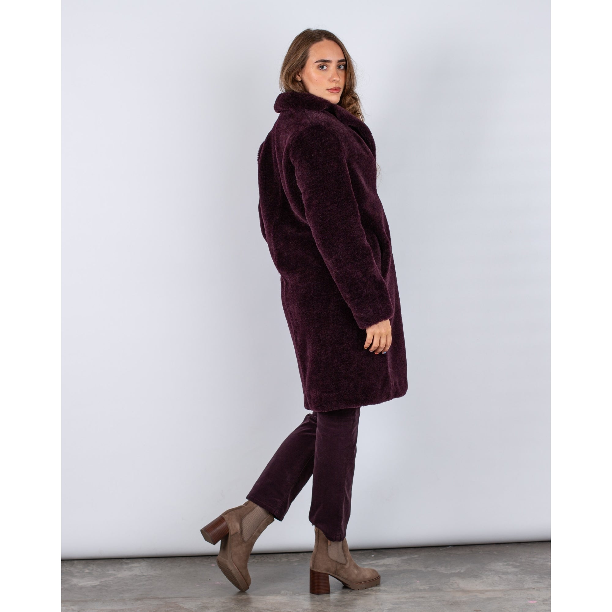 Luisa Cerano Supersoft Teddy Long Line Coat Aubergine