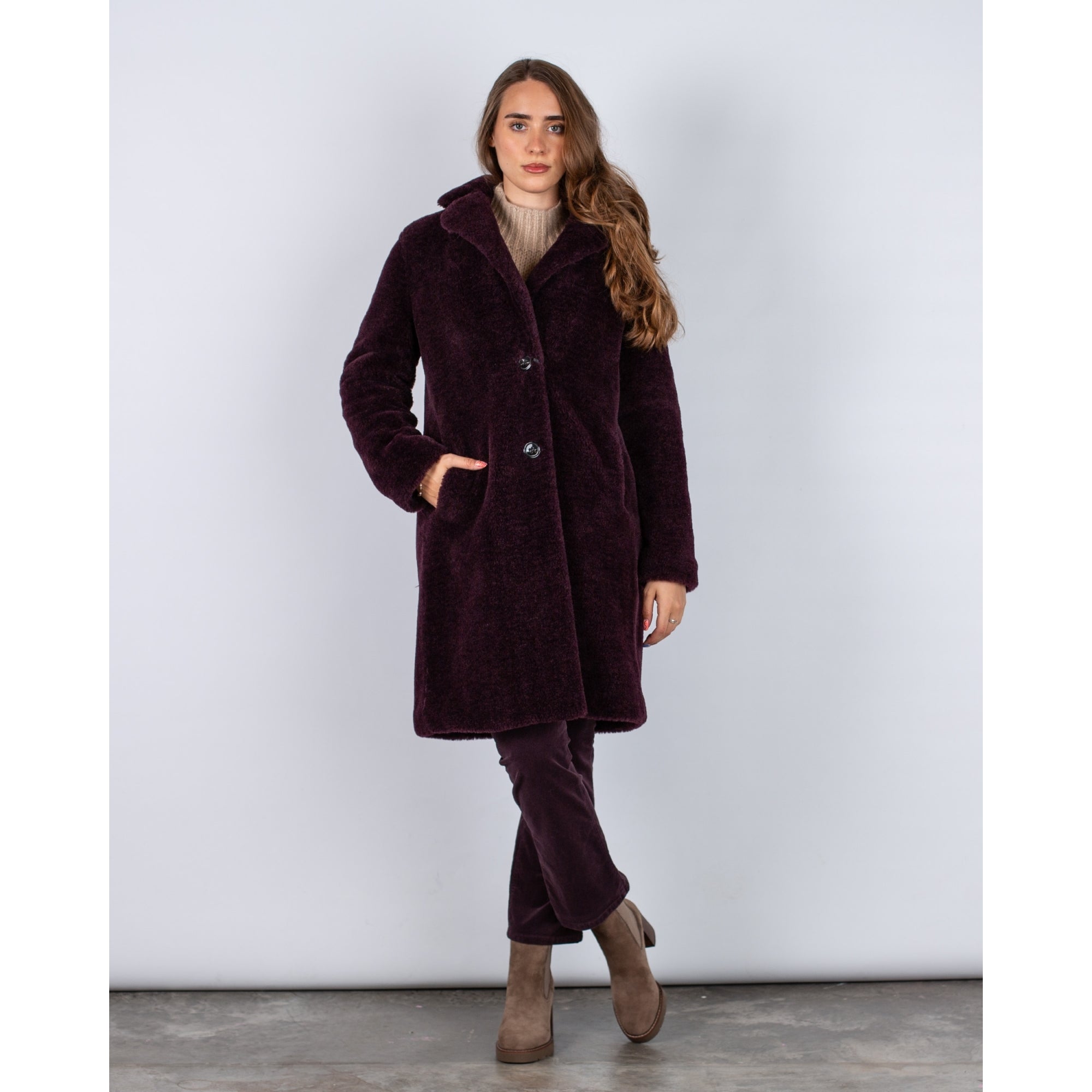 Luisa Cerano Supersoft Teddy Long Line Coat Aubergine