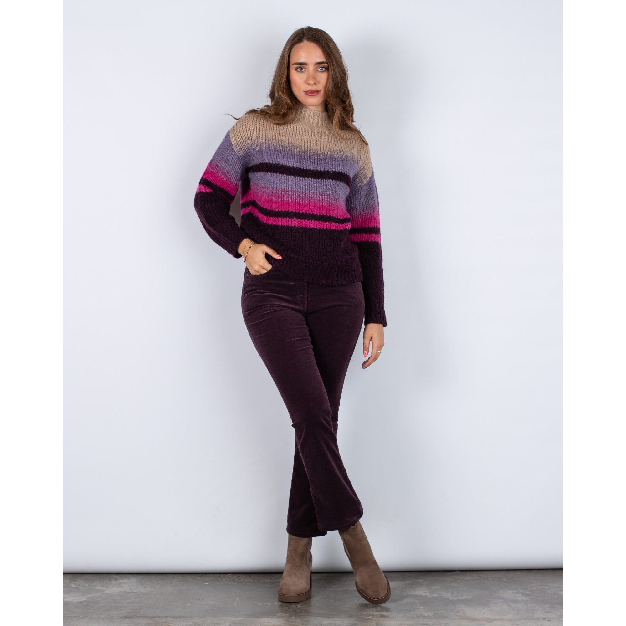Luisa Cerano Stripe Funnel Neck Soft Chunky Knit Jumper Purple/beige