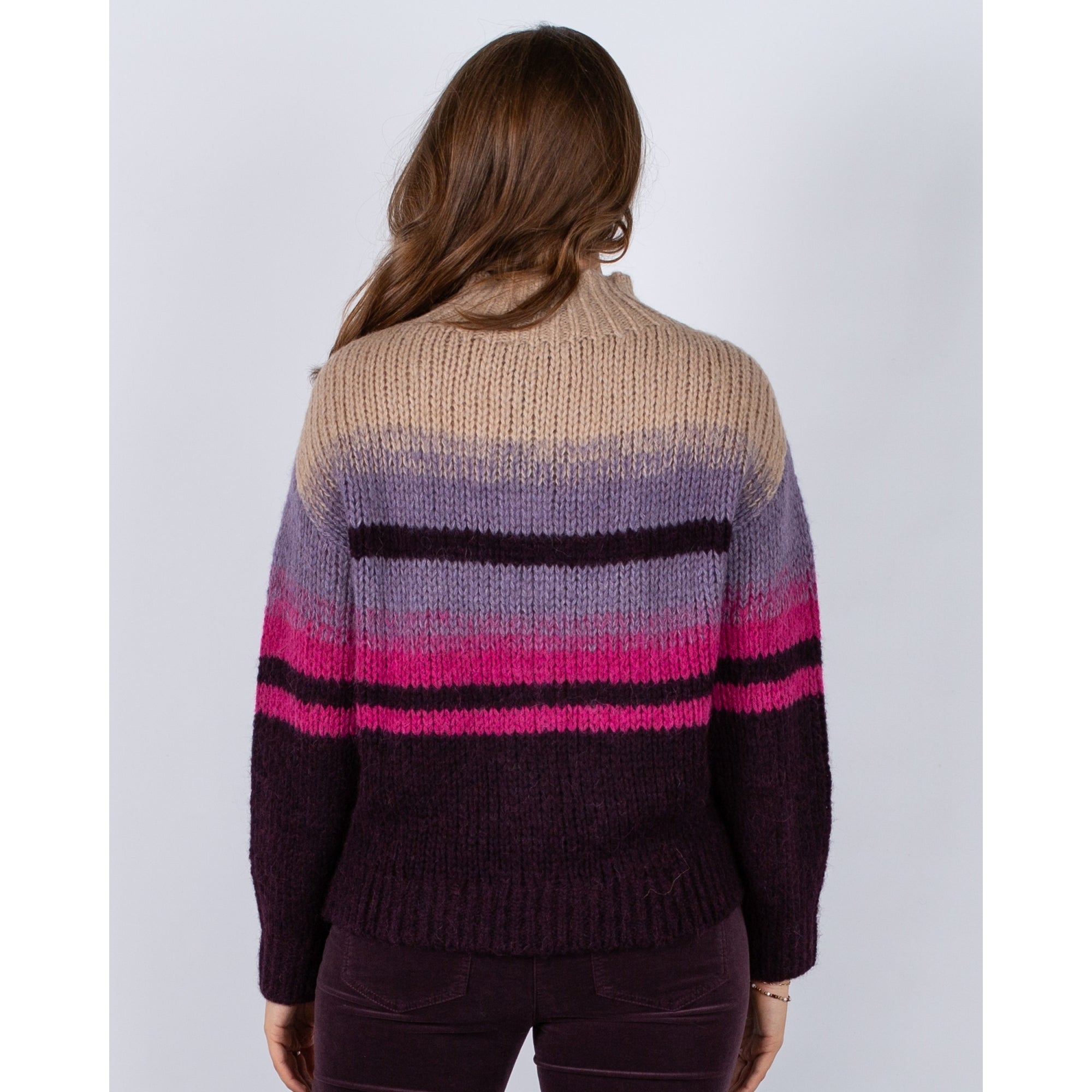 Luisa Cerano Stripe Funnel Neck Soft Chunky Knit Jumper Purple/beige