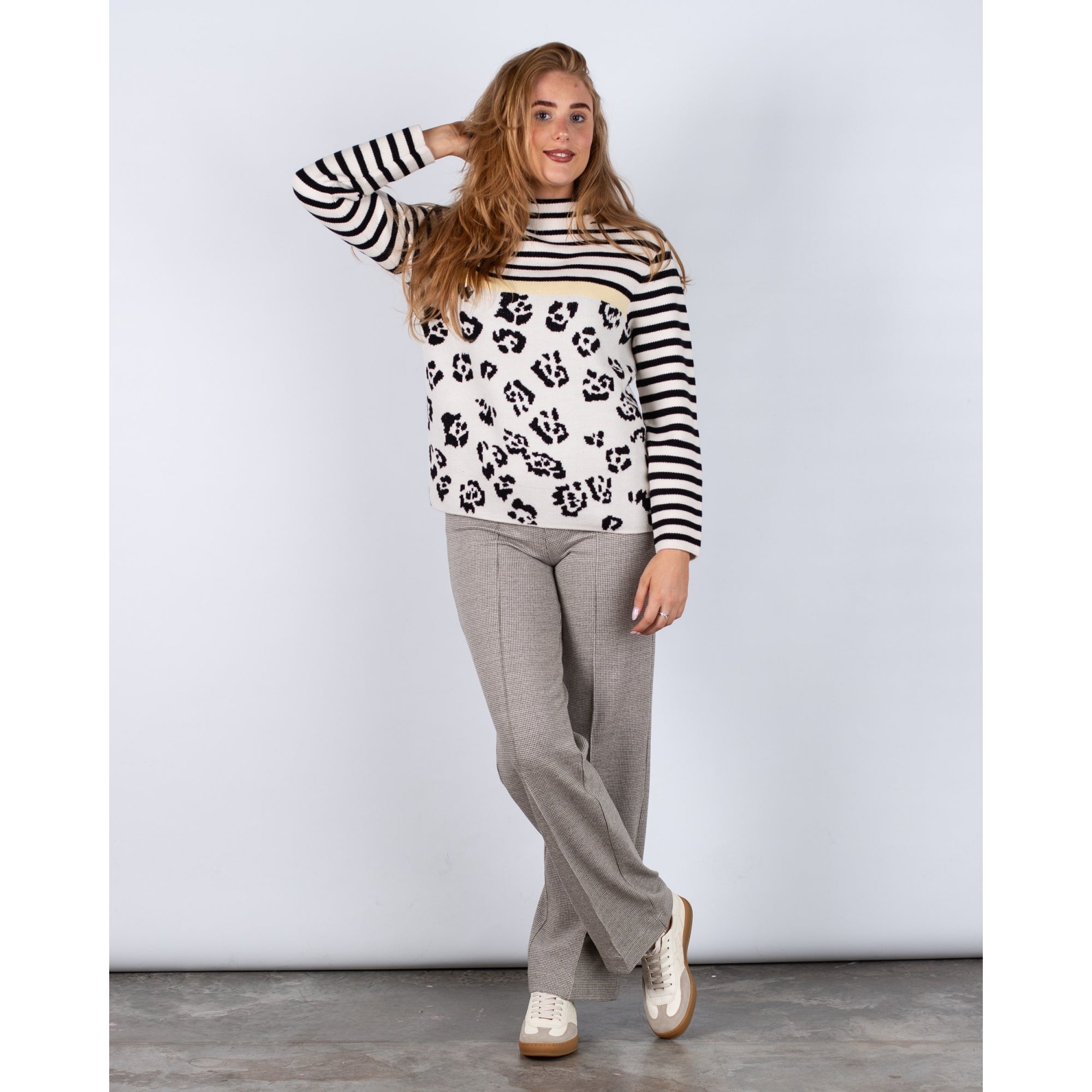 Oui Funnel Neck Stripe & Leopard Print Jumper Cream/black