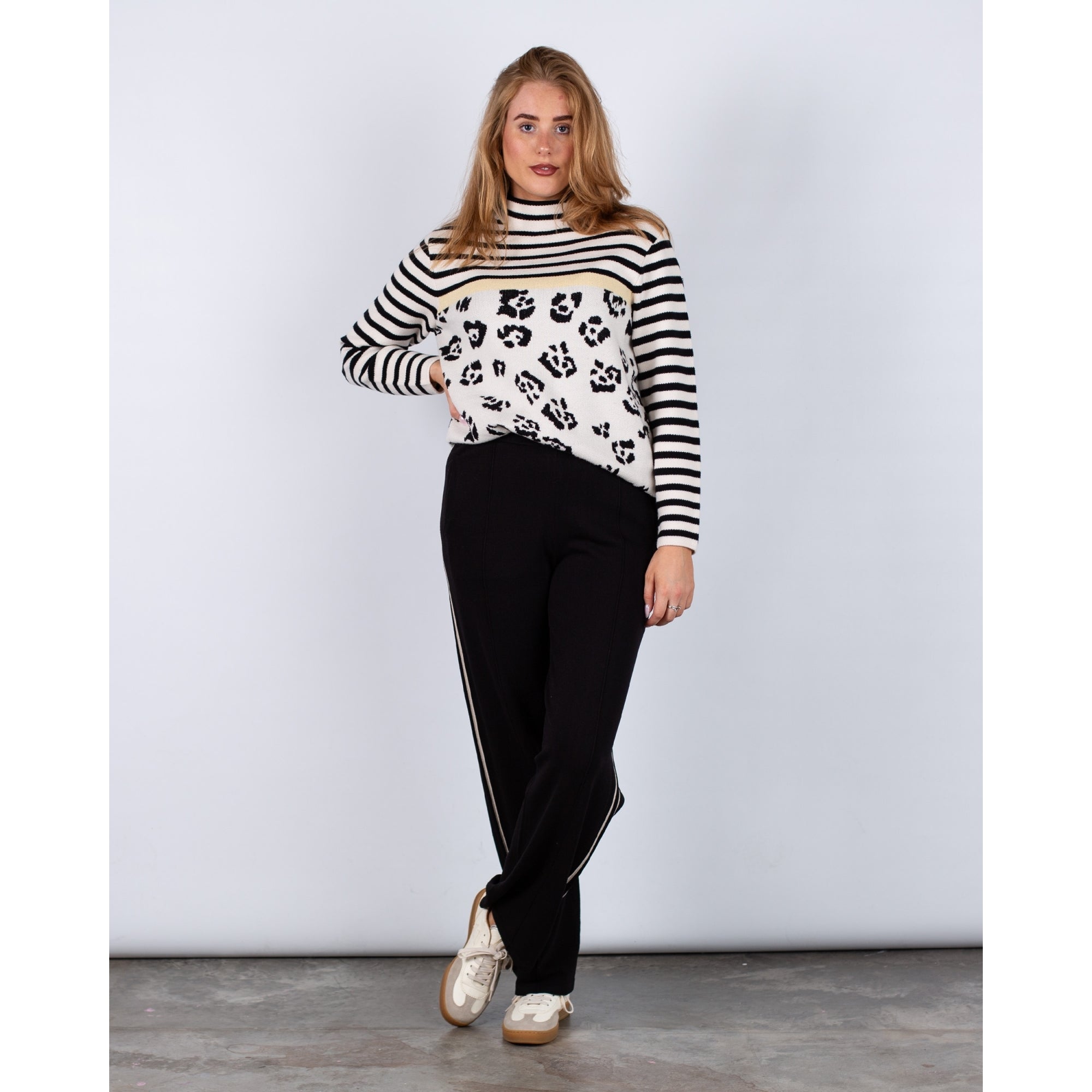Oui Funnel Neck Stripe & Leopard Print Jumper Cream/black