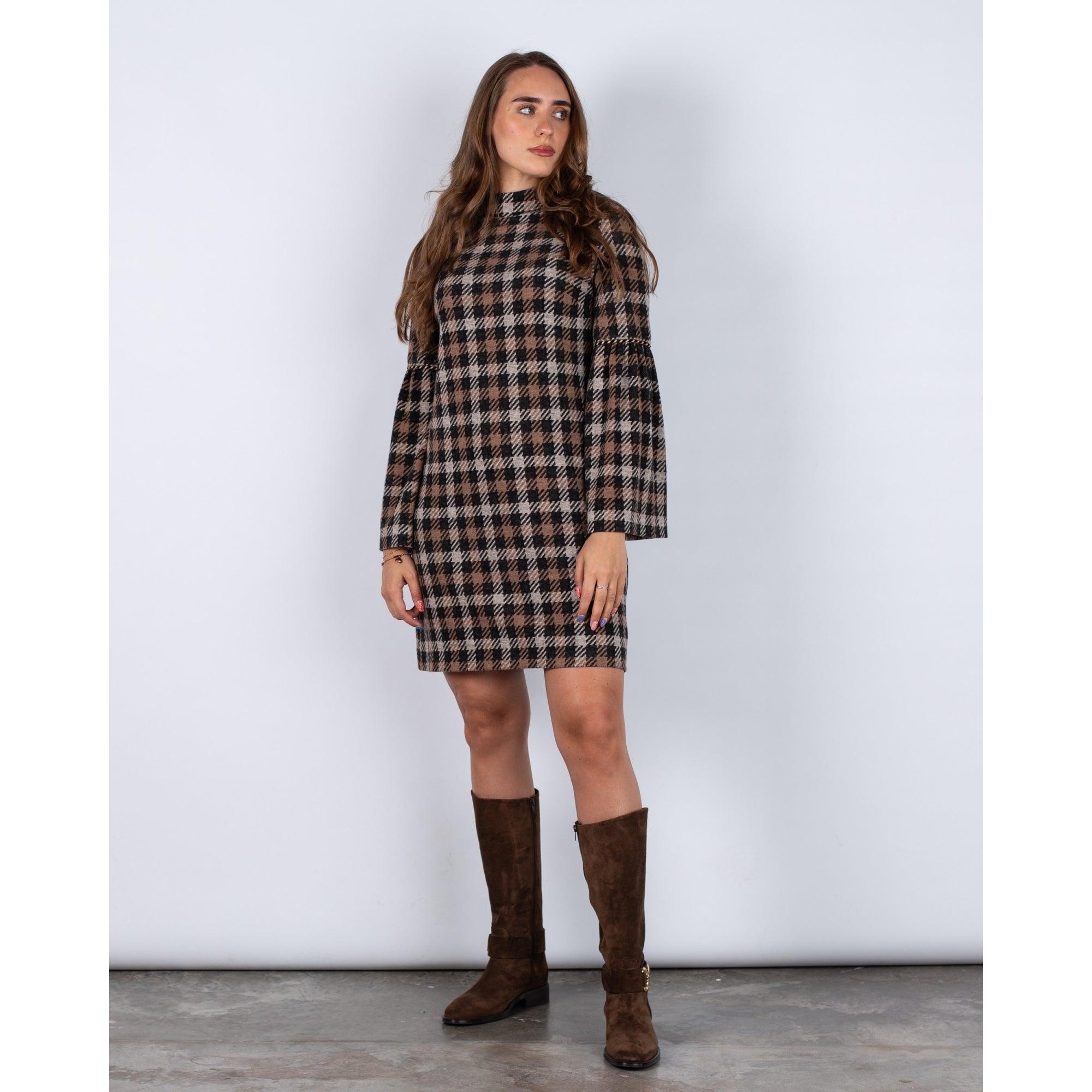 Ana Alcazar Houndstooth Flute Sleeve High Neck Dress Brown/grey