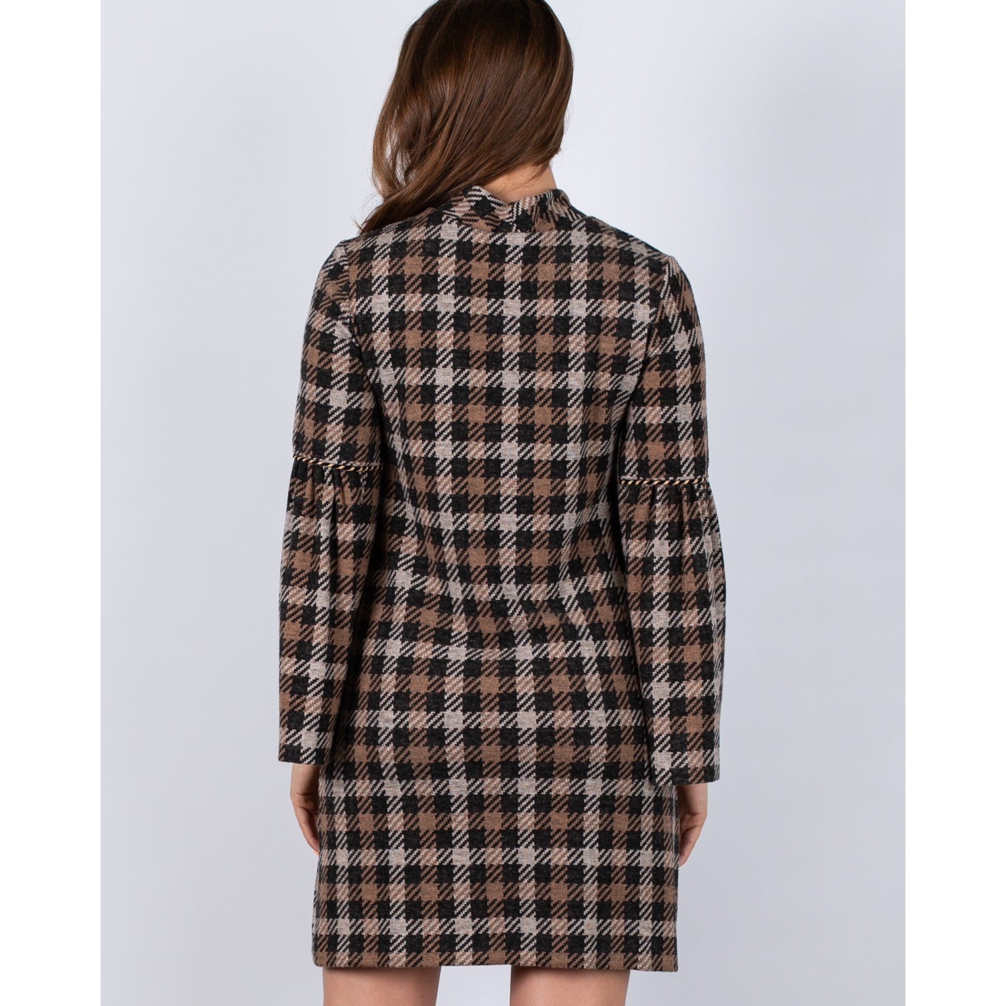 Ana Alcazar Houndstooth Flute Sleeve High Neck Dress Brown/grey