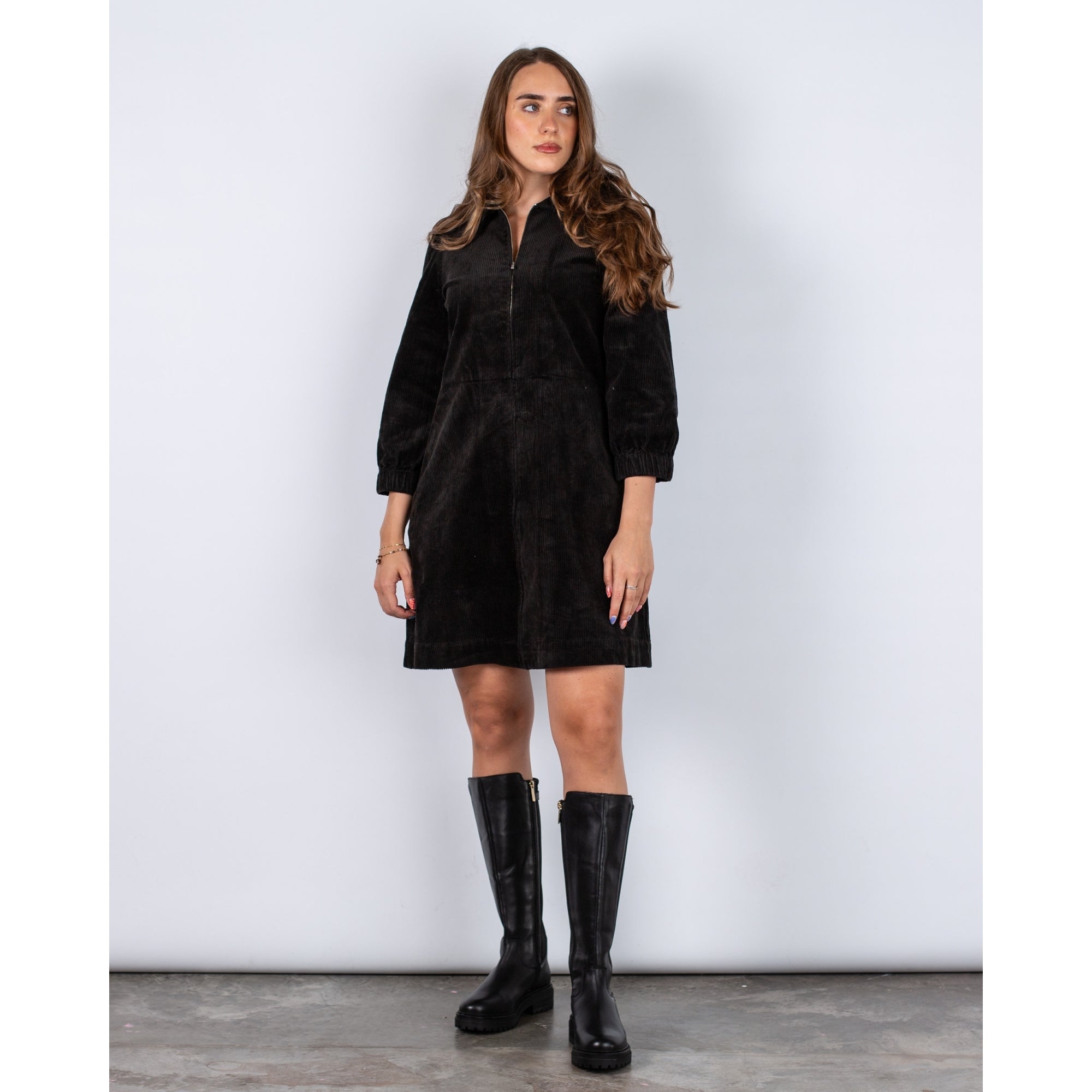 Part Two Eyvors Zip Down Long Sleeve Cord Shirt Dress Black (Longer)