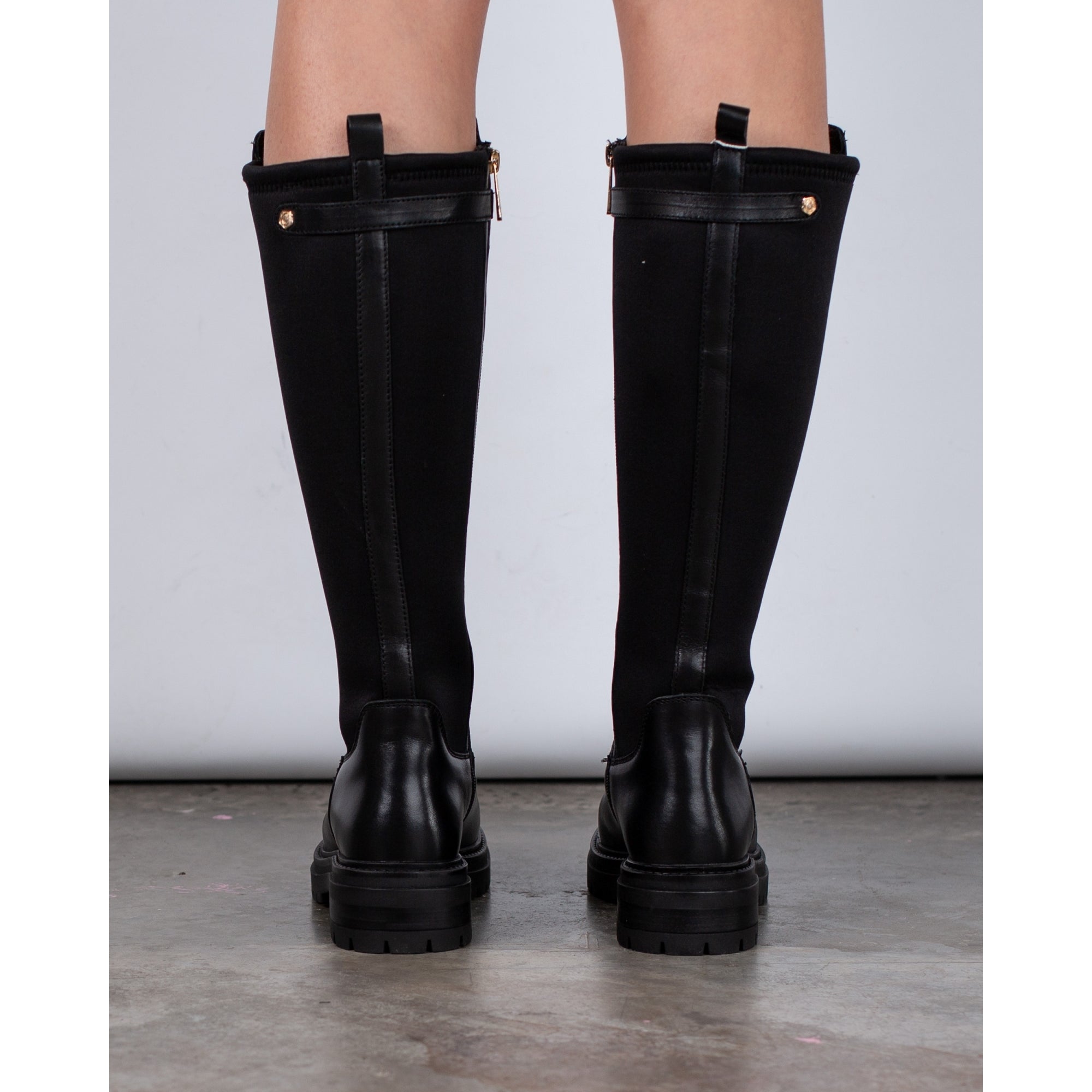 Carmela Tall Leather Elastic Back Boots With Track Sole Black