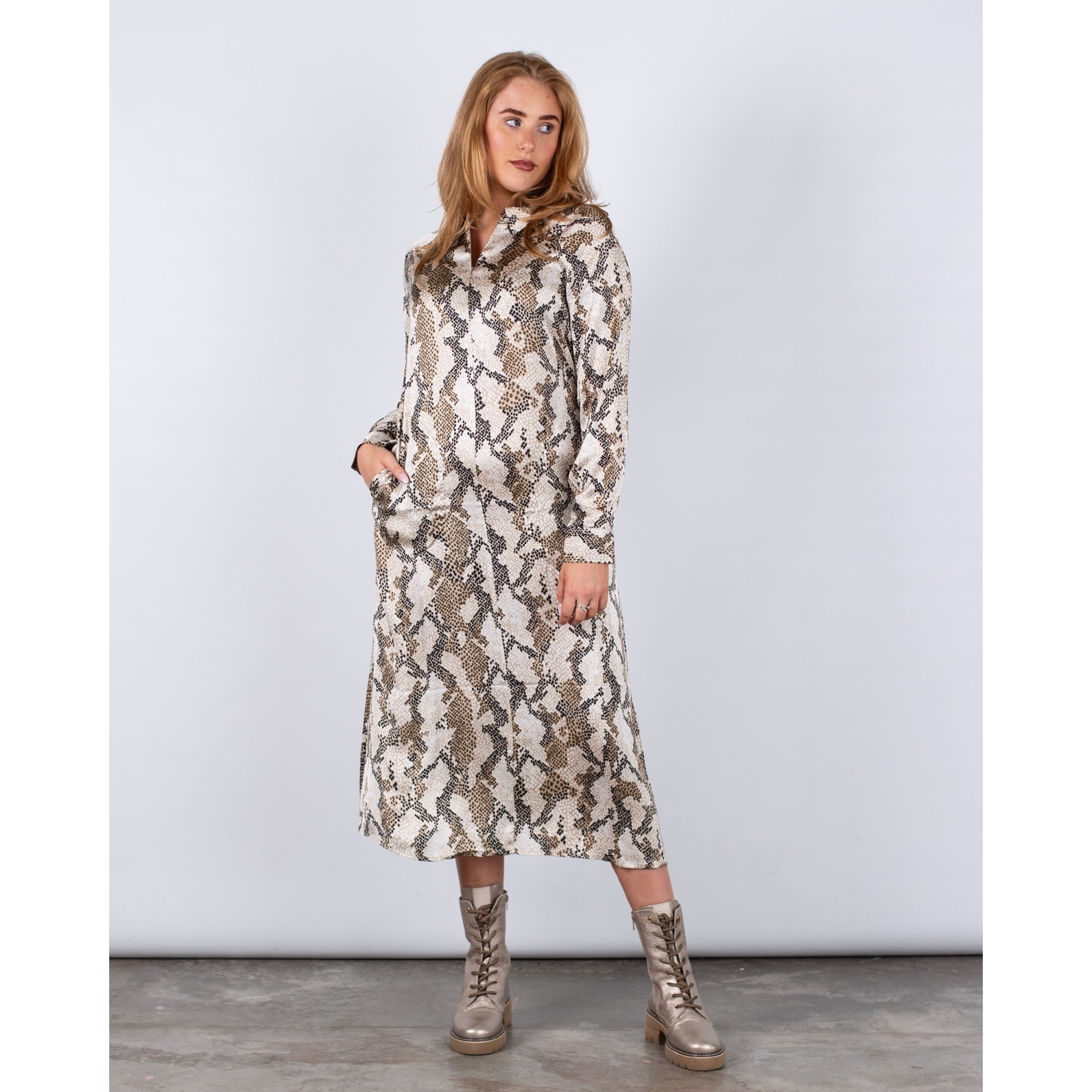 Part Two Lamiya Snake Print Zip Through Shirt Dress Cream/brown
