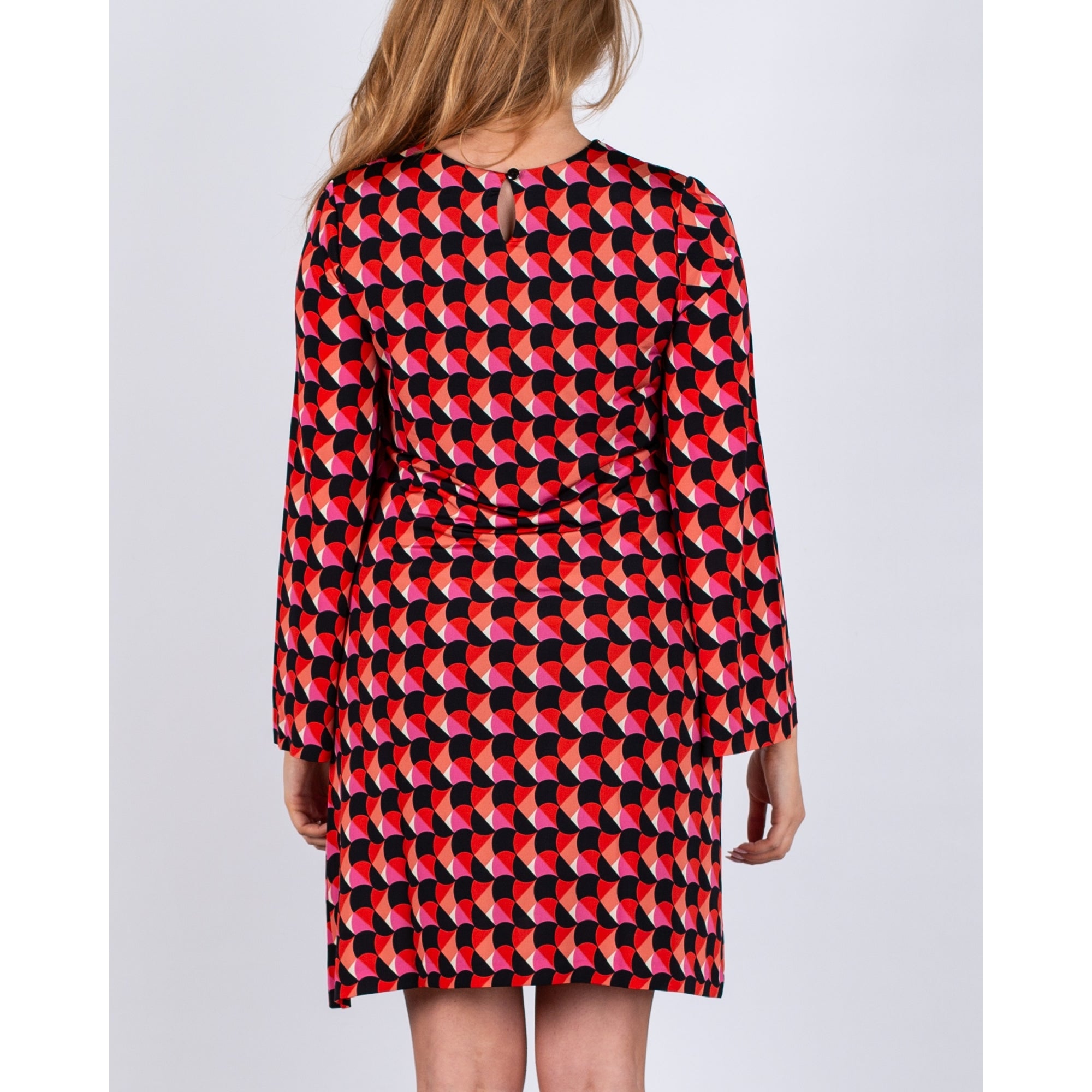 Ana Alcazar Retro Print Round Neck Flute Sleeve Dress Pink/black
