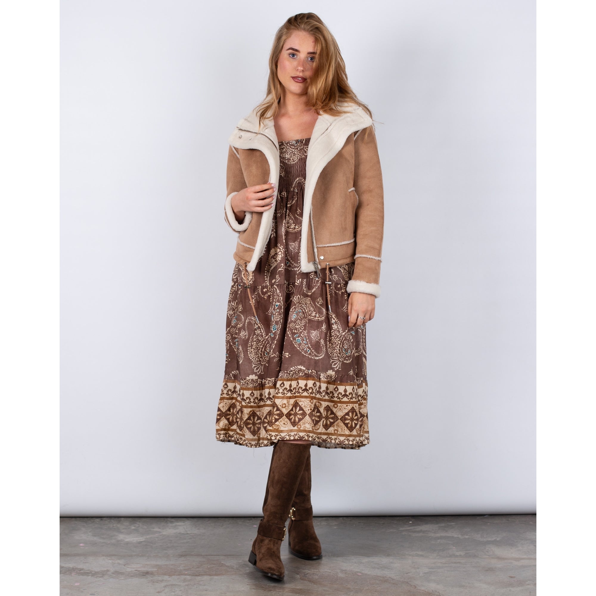Marta Fango Smock Waist Tiered Paisley Print Skirt Brown/ecru