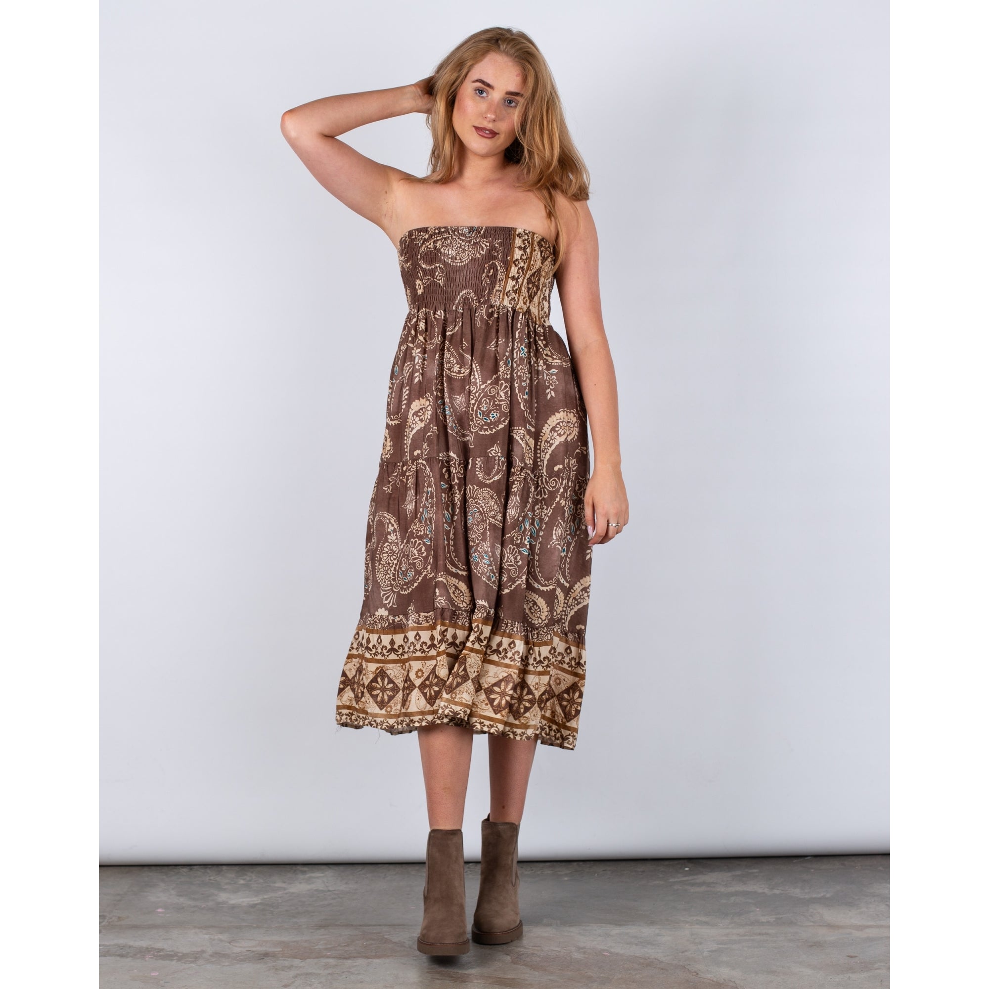 Marta Fango Smock Waist Tiered Paisley Print Skirt Brown/ecru