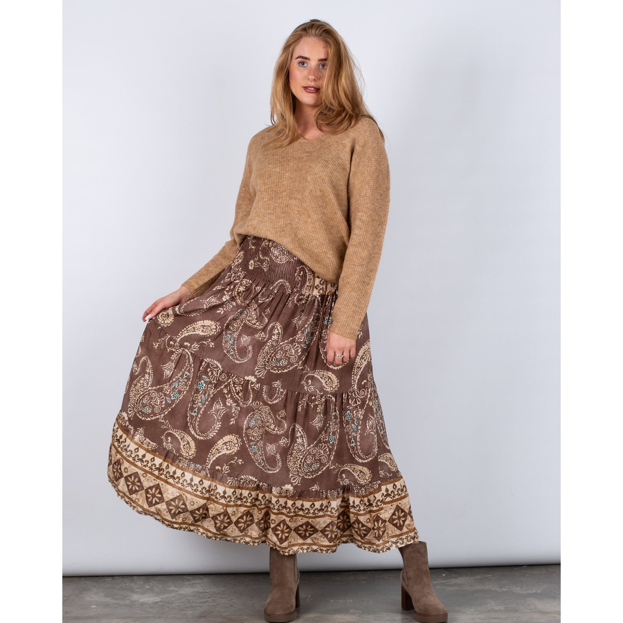 Marta Fango Smock Waist Tiered Paisley Print Skirt Brown/ecru