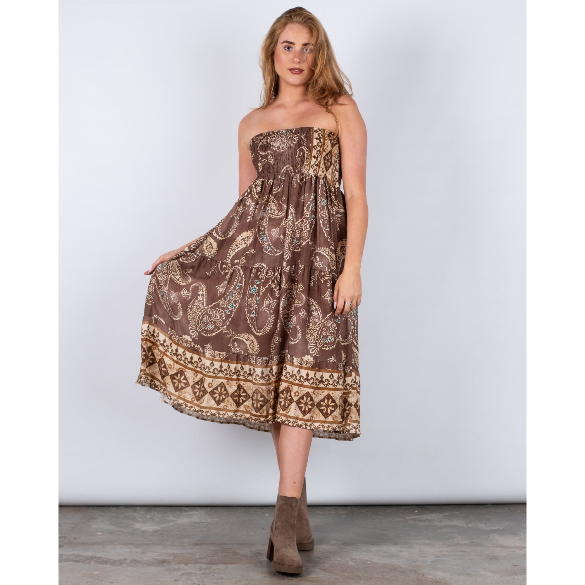 Marta Fango Smock Waist Tiered Paisley Print Skirt Brown/ecru